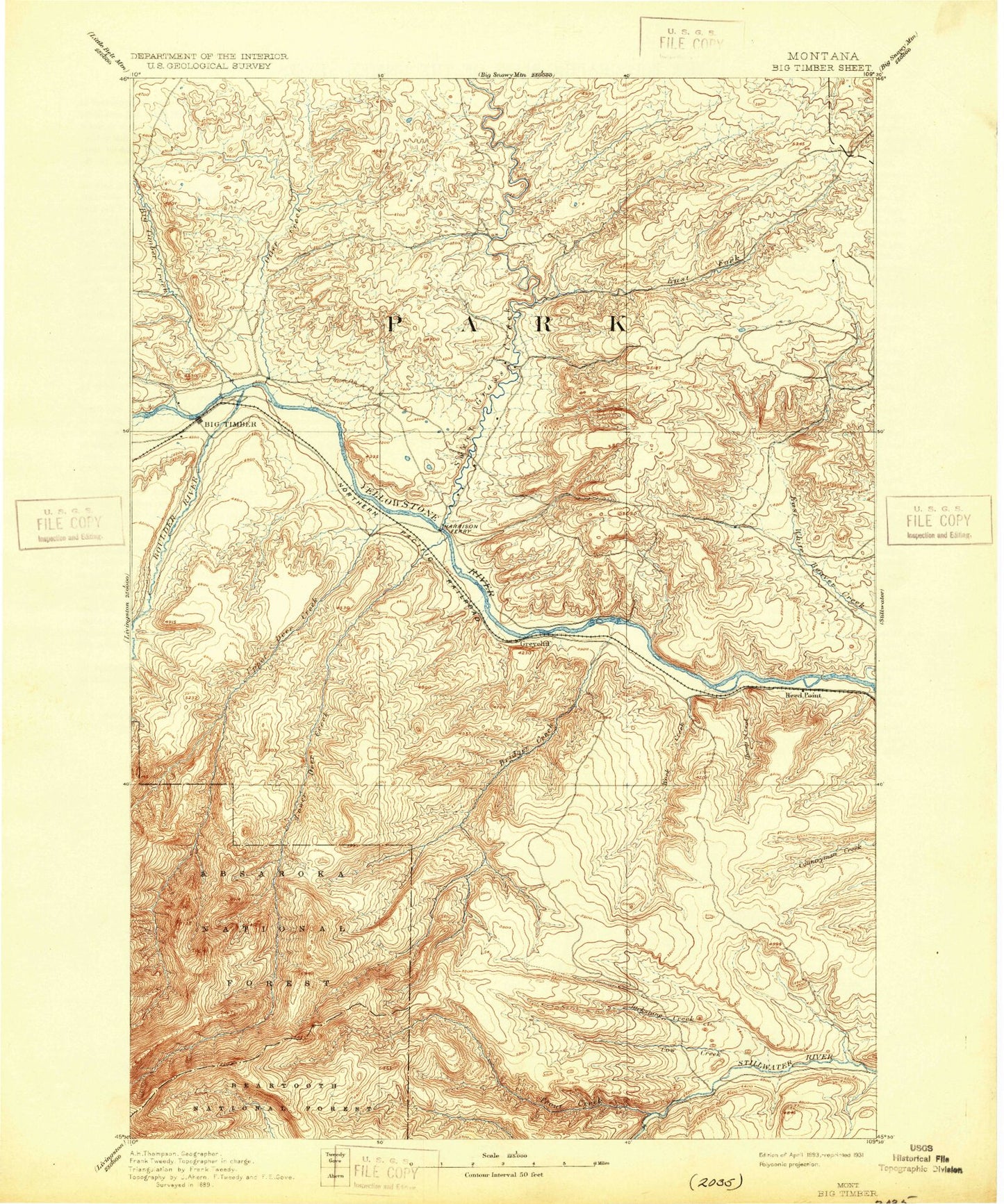 Historic 1893 Big Timber Montana 30'x30' Topo Map Image