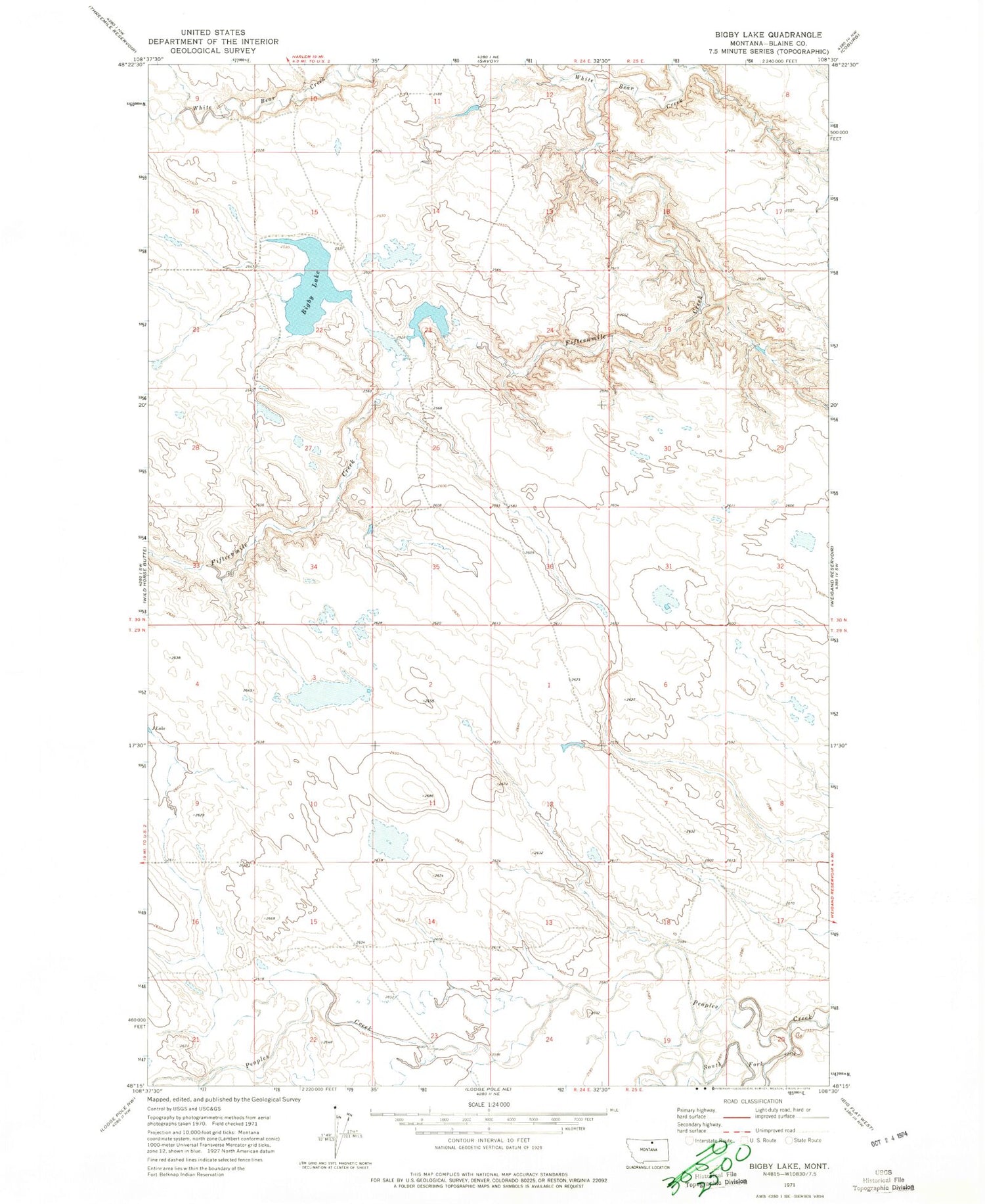 Classic USGS Bigby Lake Montana 7.5'x7.5' Topo Map Image