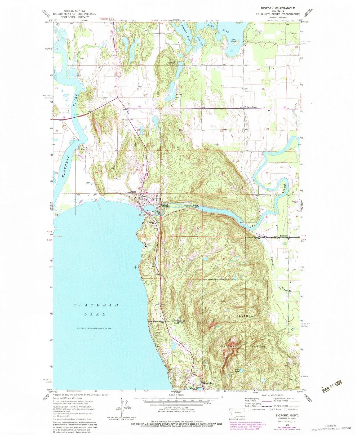Classic USGS Bigfork Montana 7.5'x7.5' Topo Map Image
