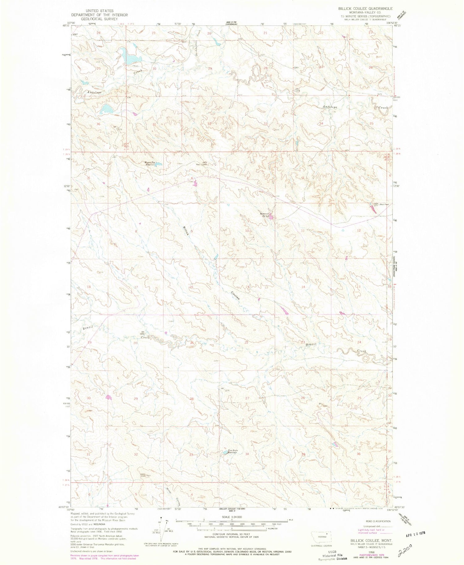 Classic USGS Billick Coulee Montana 7.5'x7.5' Topo Map Image