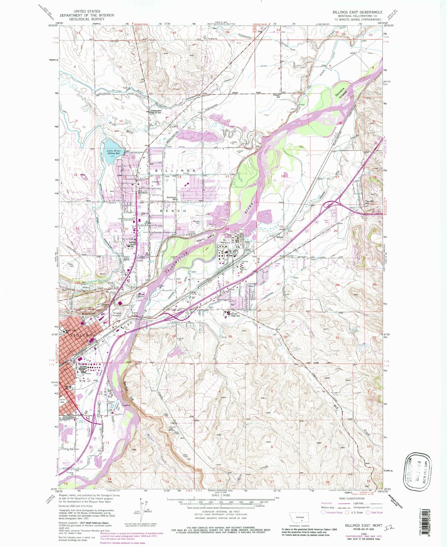 Classic USGS Billings East Montana 7.5'x7.5' Topo Map Image