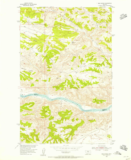 Classic USGS Bird Rapids Montana 7.5'x7.5' Topo Map Image