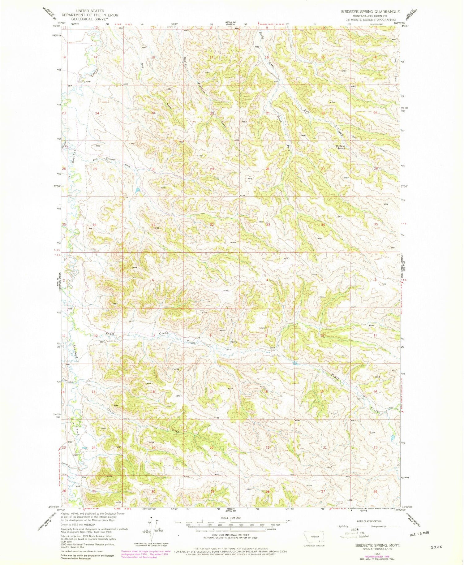 Classic USGS Birdseye Spring Montana 7.5'x7.5' Topo Map Image