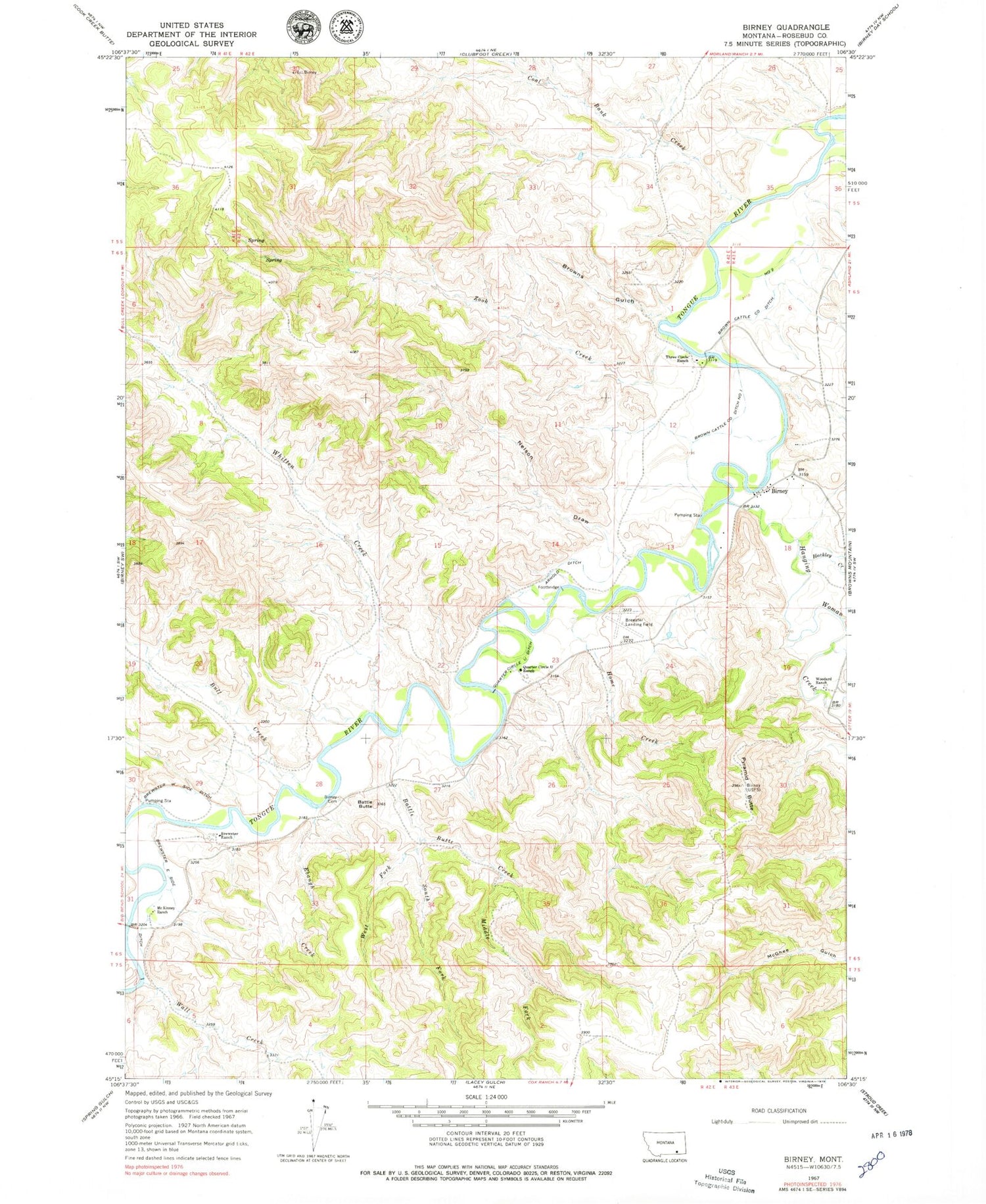 Classic USGS Birney Montana 7.5'x7.5' Topo Map Image