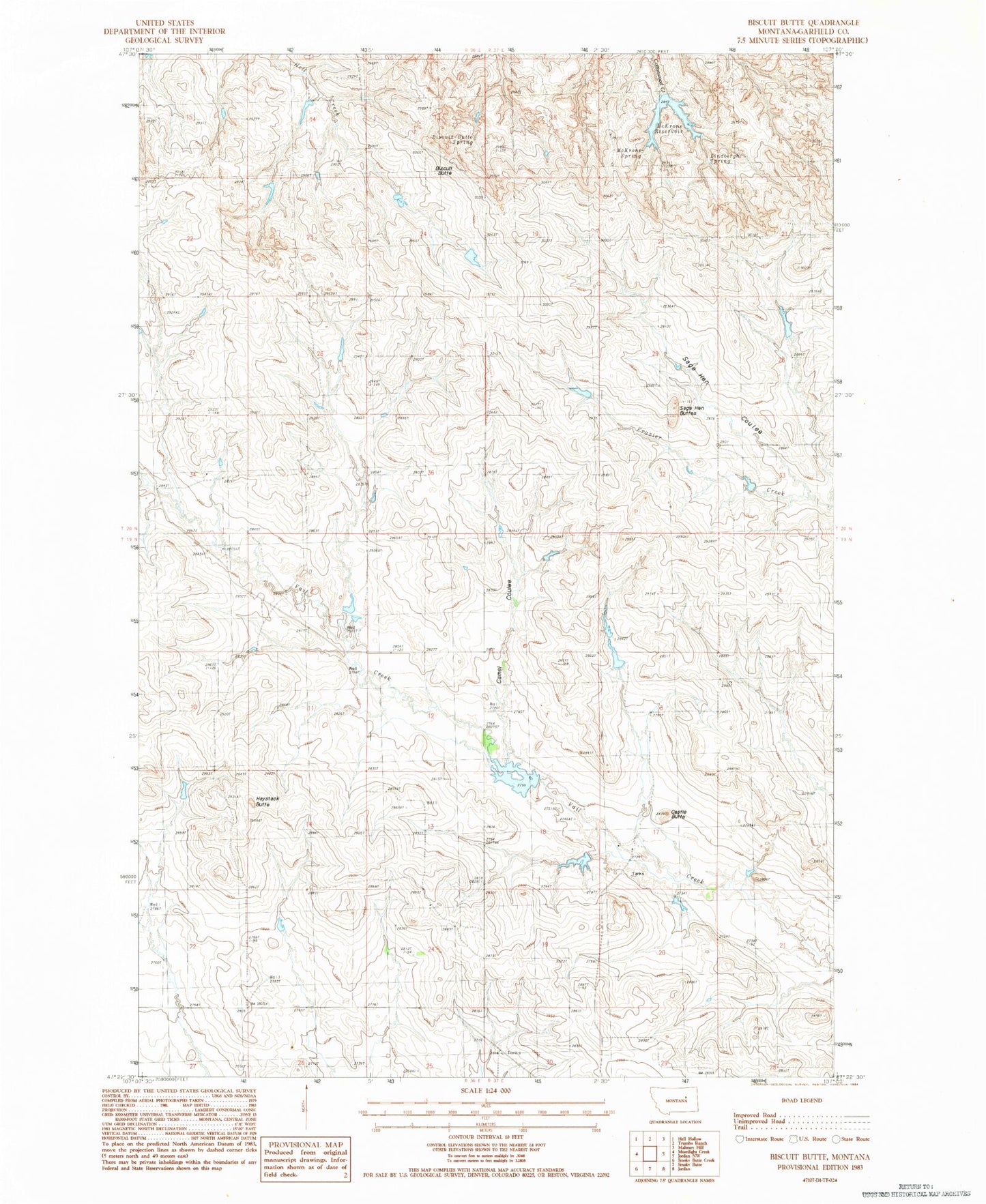 Classic USGS Biscuit Butte Montana 7.5'x7.5' Topo Map Image