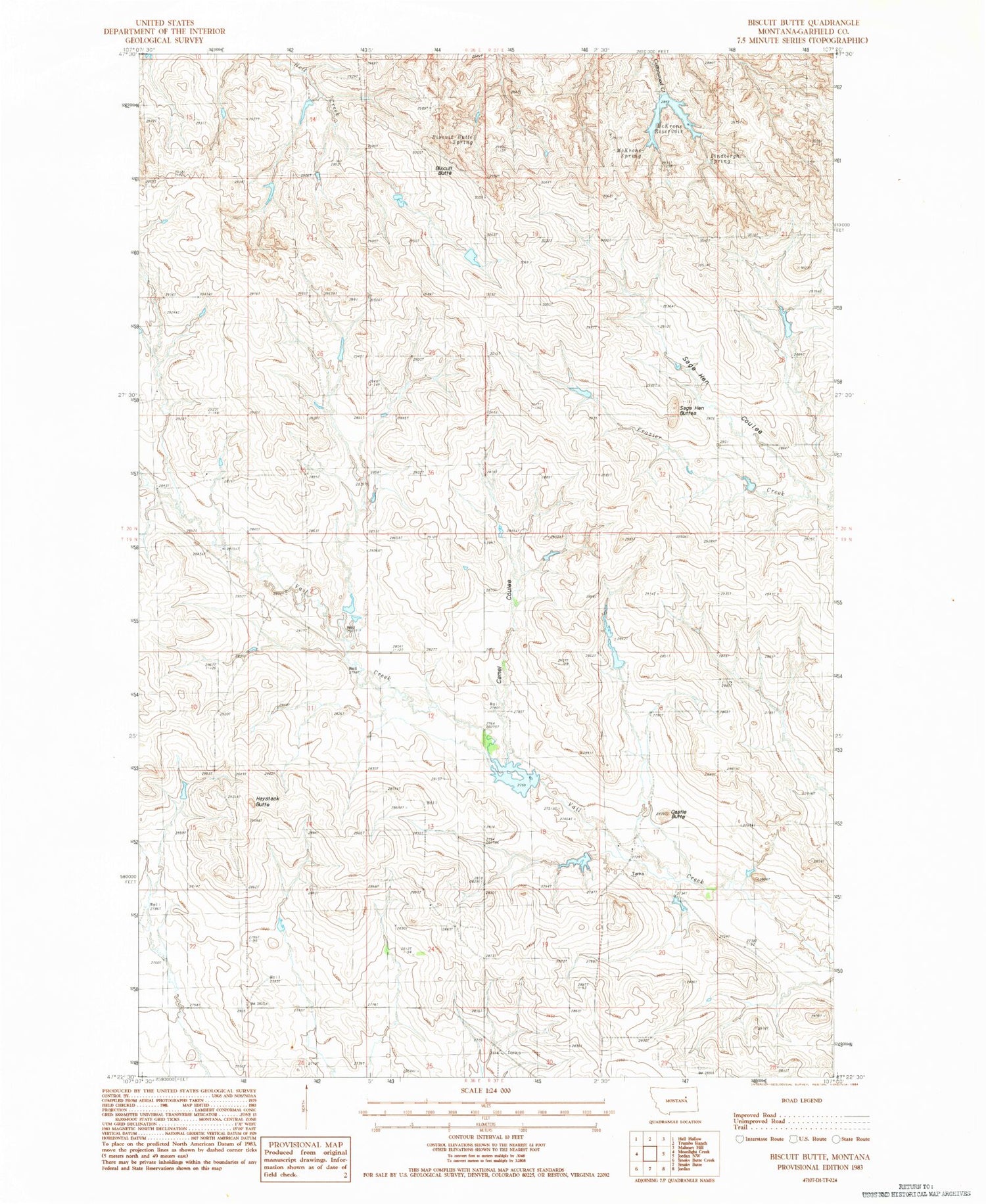 Classic USGS Biscuit Butte Montana 7.5'x7.5' Topo Map Image