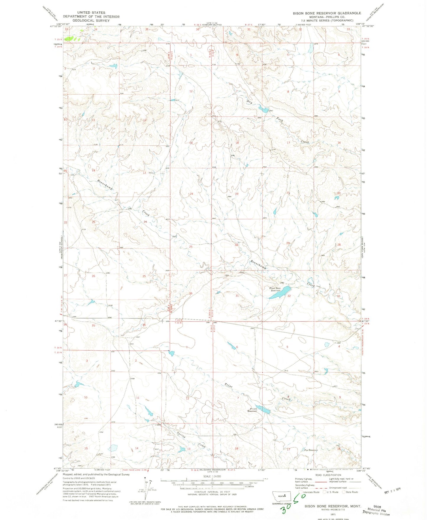 Classic USGS Bison Bone Reservoir Montana 7.5'x7.5' Topo Map Image