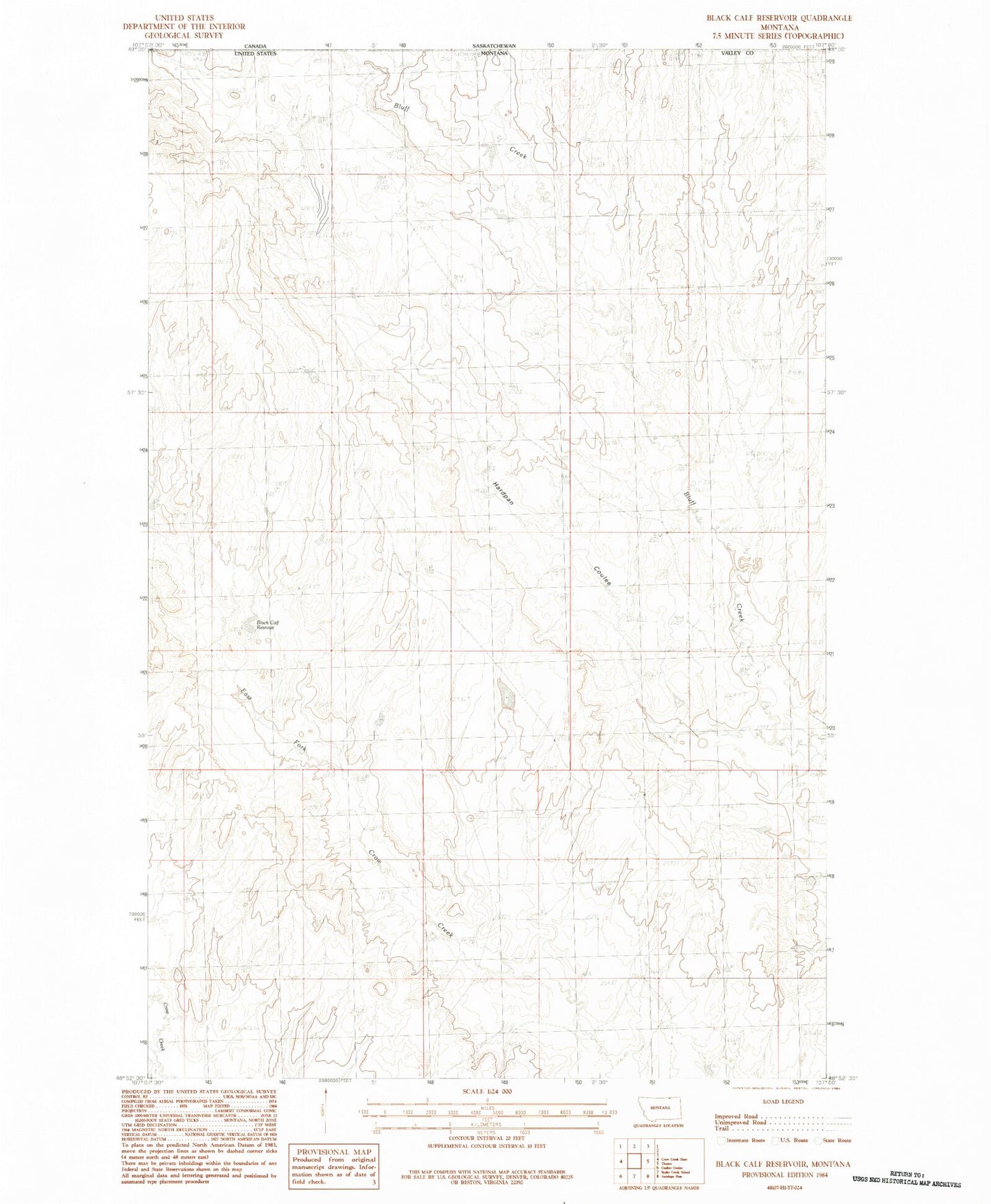 Classic USGS Black Calf Reservoir Montana 7.5'x7.5' Topo Map Image
