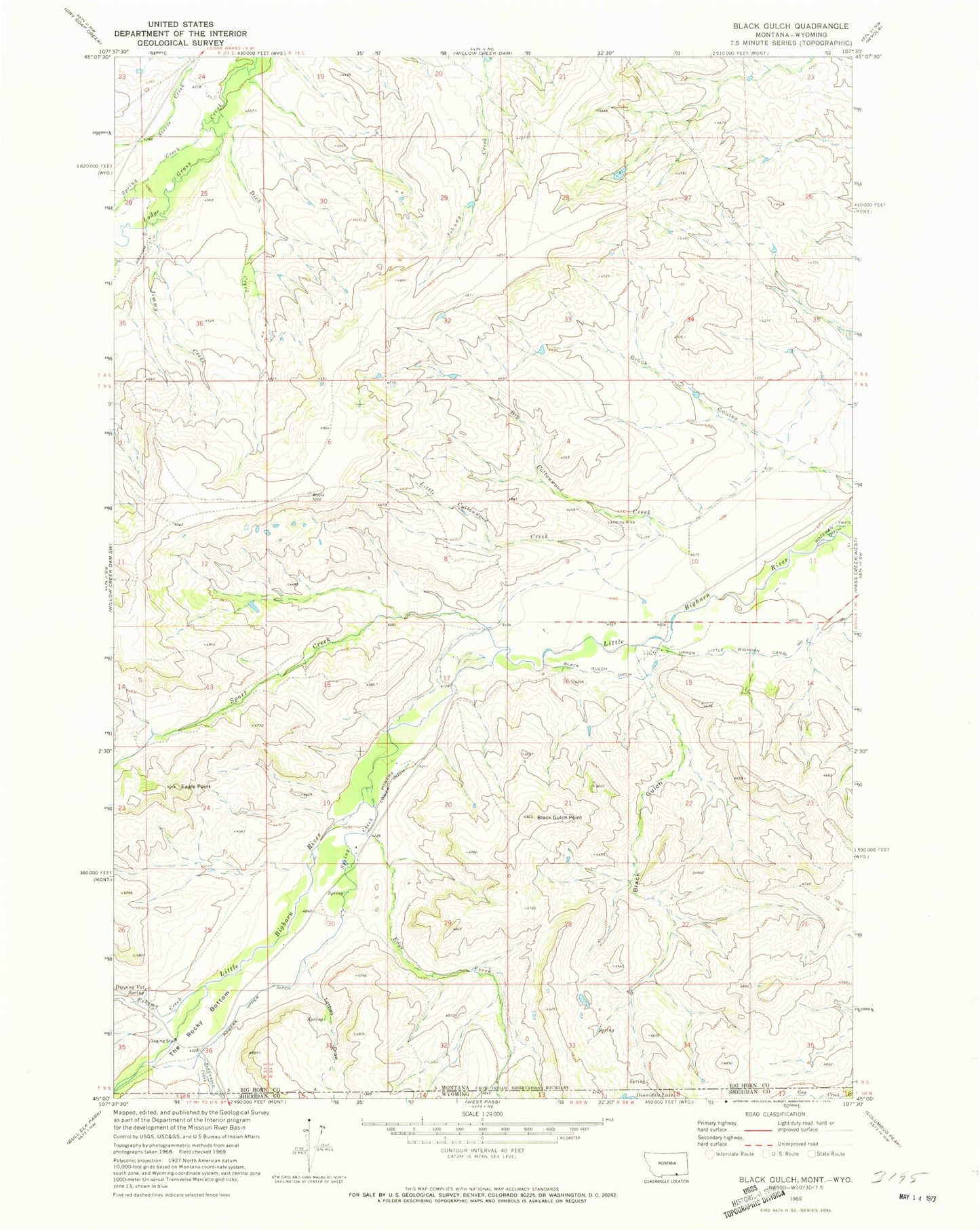 Classic USGS Black Gulch Montana 7.5'x7.5' Topo Map Image