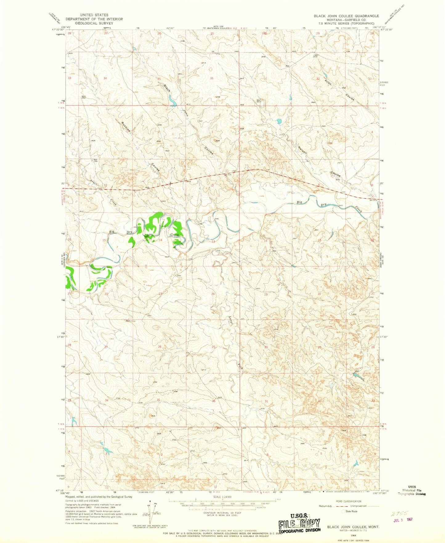 Classic USGS Black John Coulee Montana 7.5'x7.5' Topo Map Image