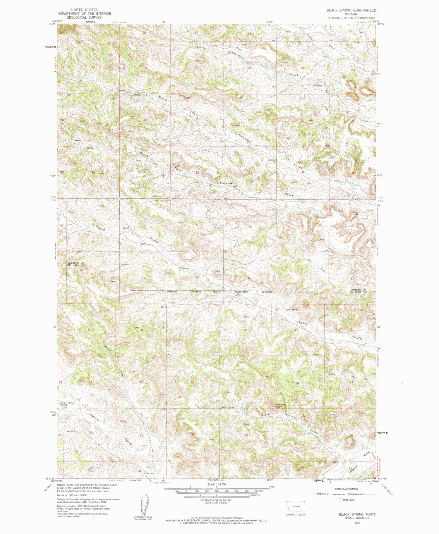 Classic USGS Black Spring Montana 7.5'x7.5' Topo Map Image