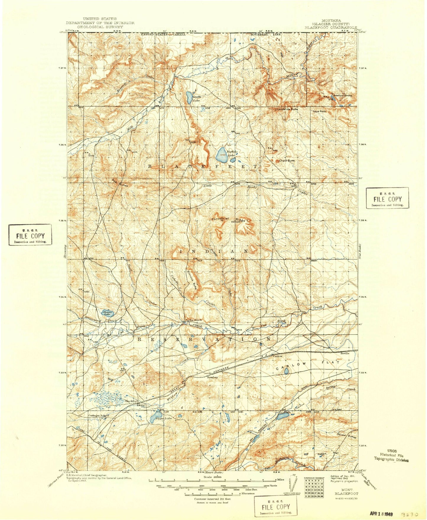 Historic 1911 Blackfoot Montana 30'x30' Topo Map Image