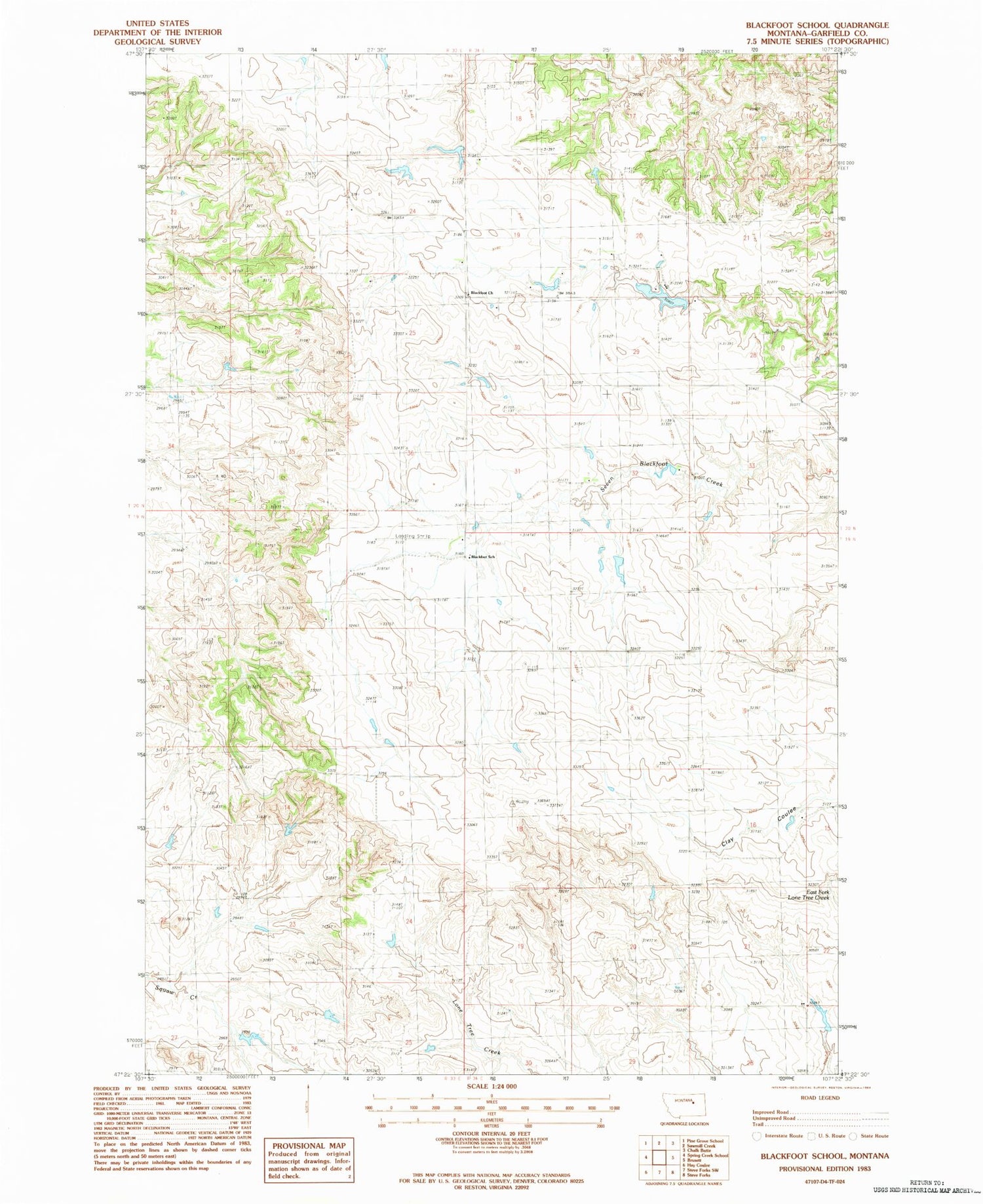 Classic USGS Blackfoot School Montana 7.5'x7.5' Topo Map Image