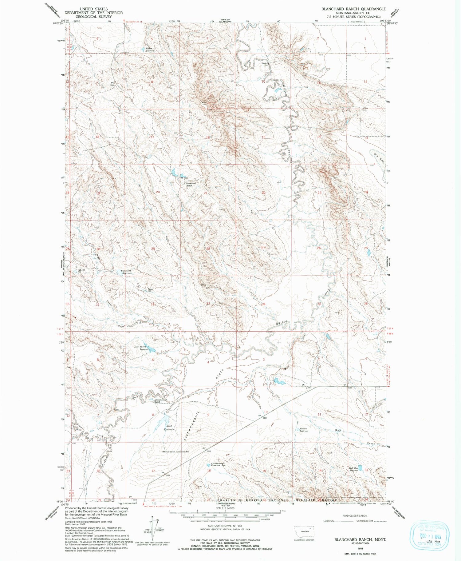 Classic USGS Blanchard Ranch Montana 7.5'x7.5' Topo Map Image
