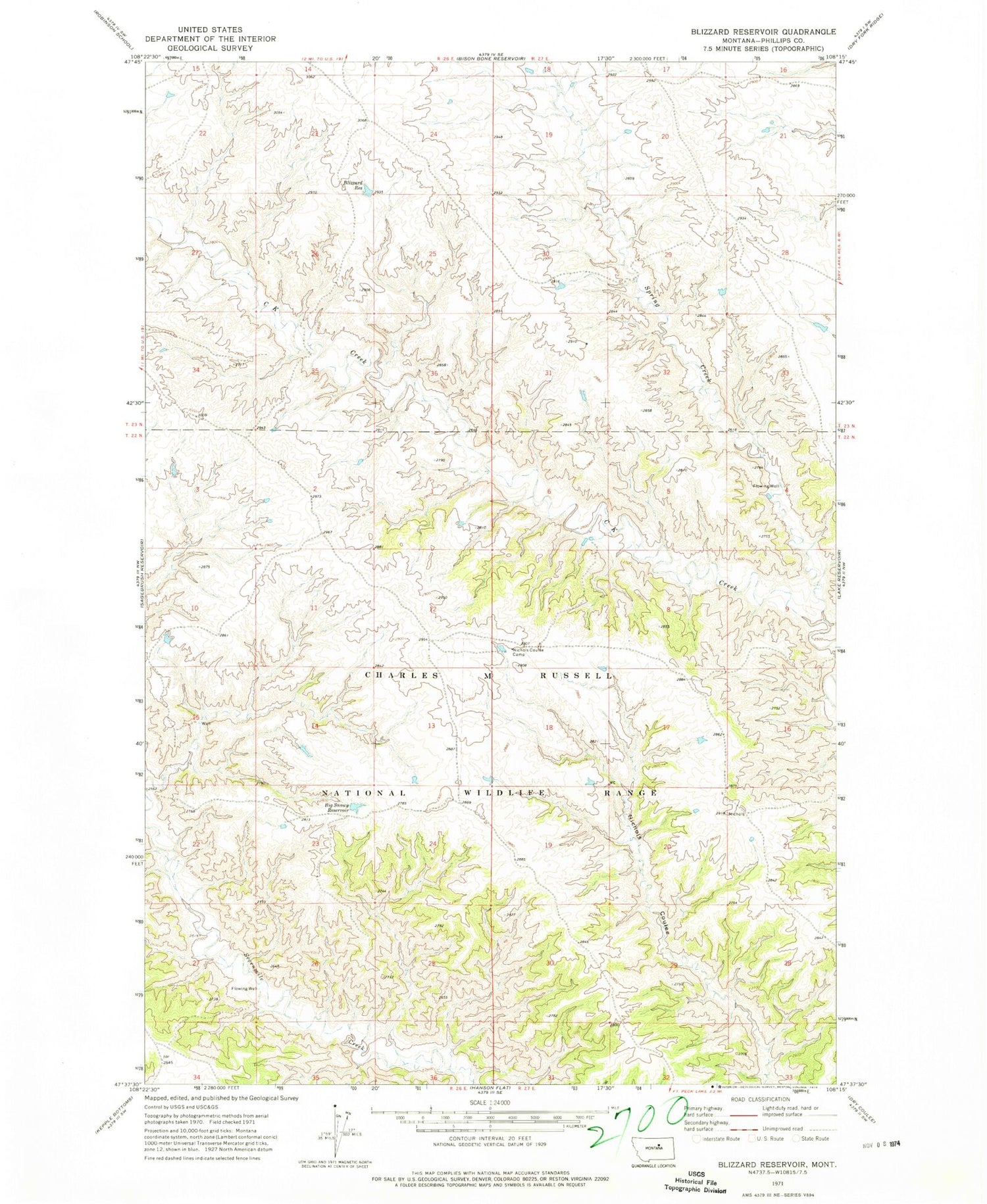 Classic USGS Blizzard Reservoir Montana 7.5'x7.5' Topo Map Image