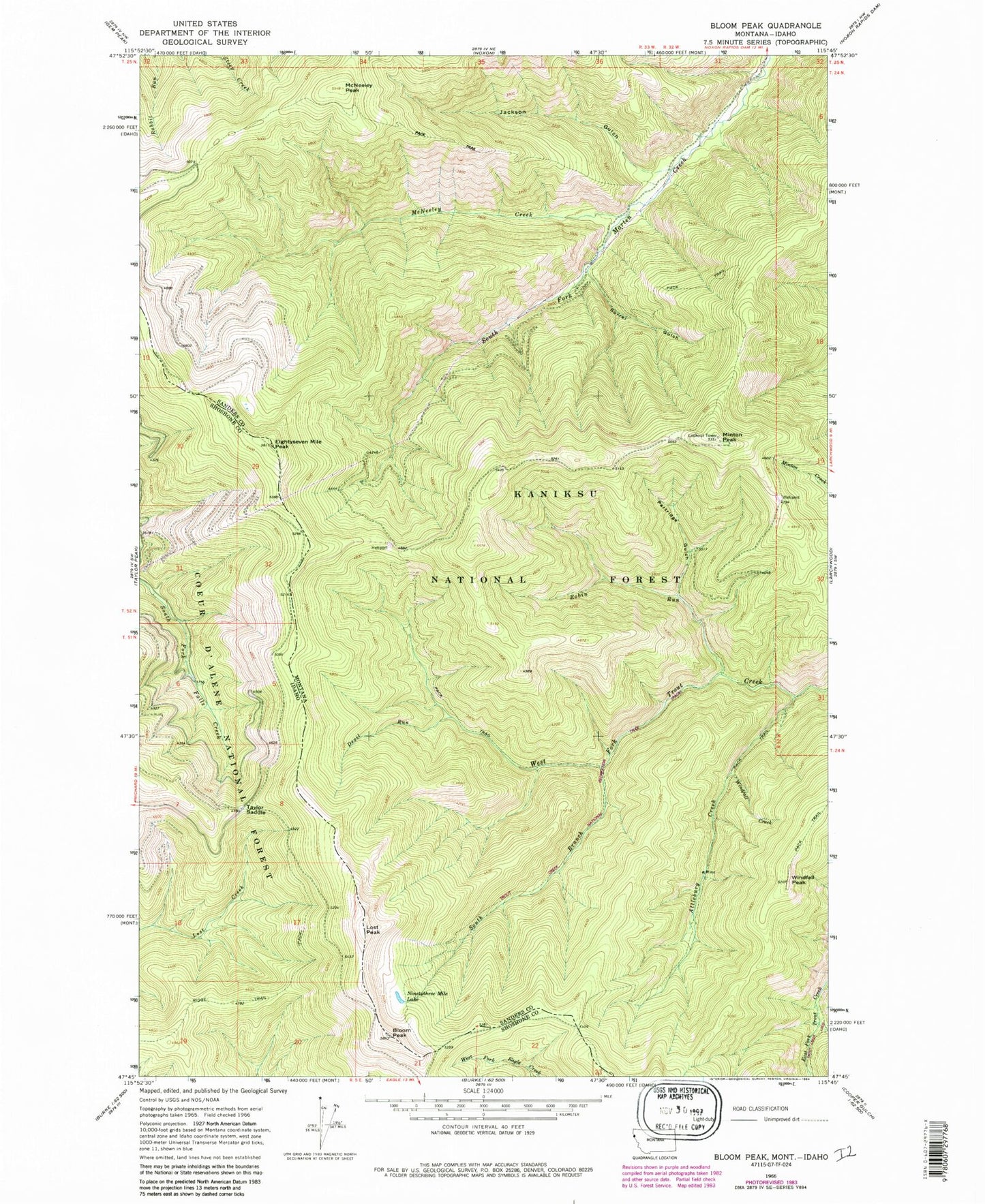 Classic USGS Bloom Peak Montana 7.5'x7.5' Topo Map Image