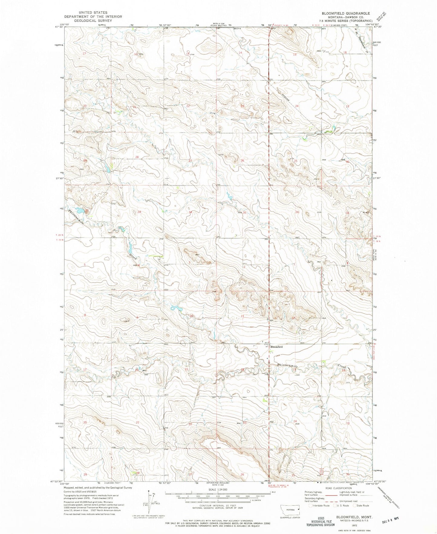 Classic USGS Bloomfield Montana 7.5'x7.5' Topo Map Image