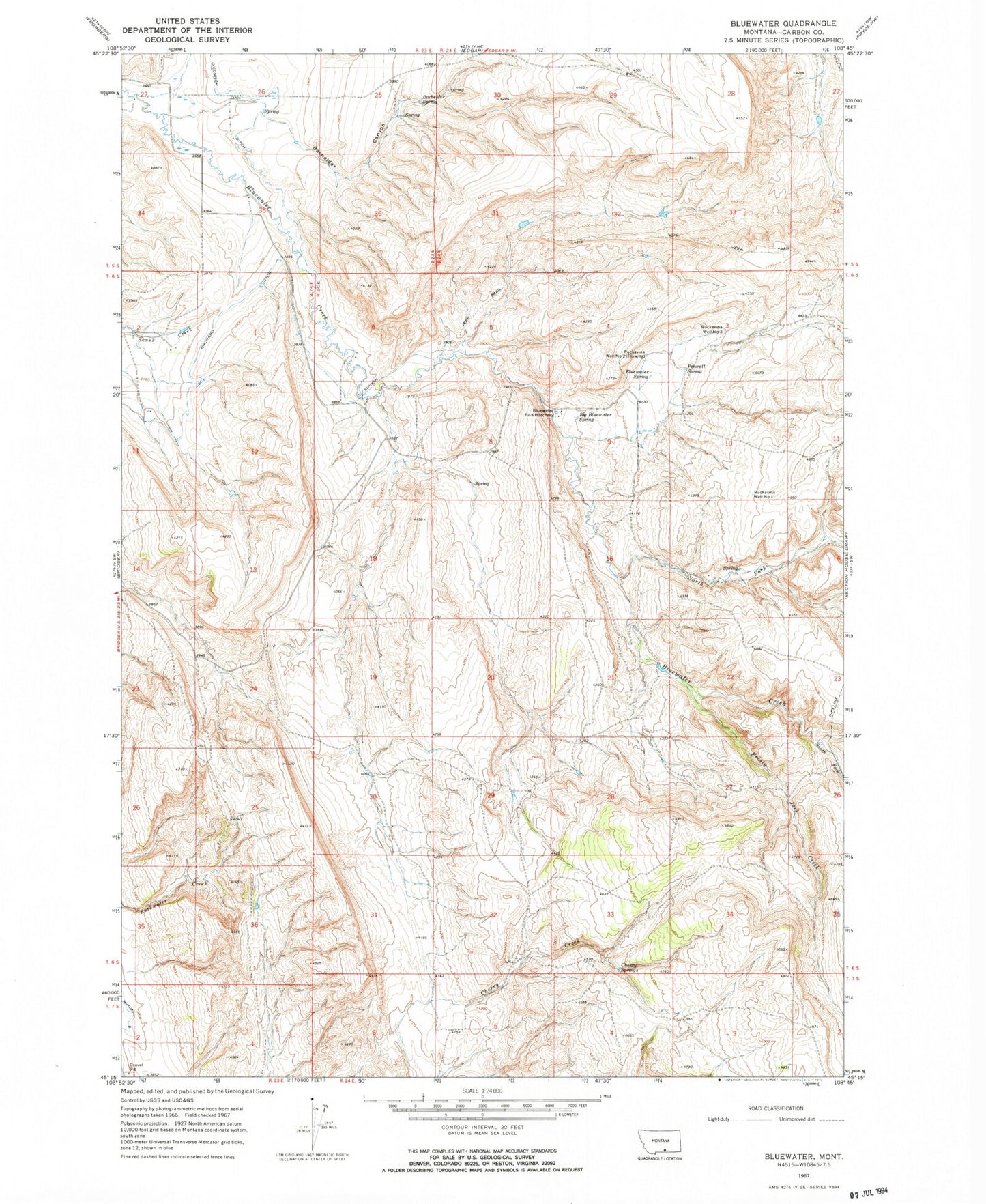 Classic USGS Bluewater Montana 7.5'x7.5' Topo Map Image