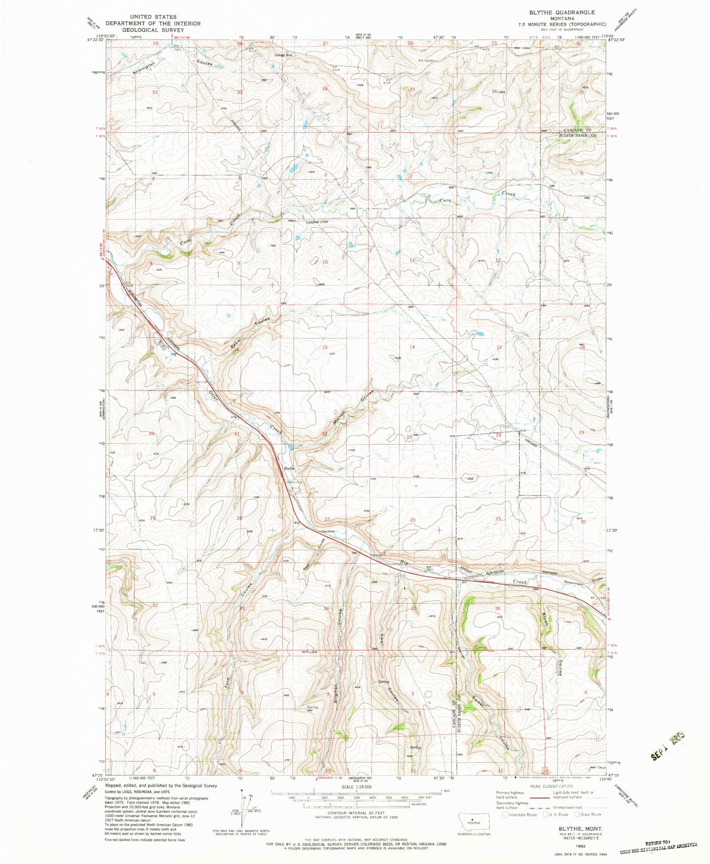 Classic USGS Blythe Montana 7.5'x7.5' Topo Map Image