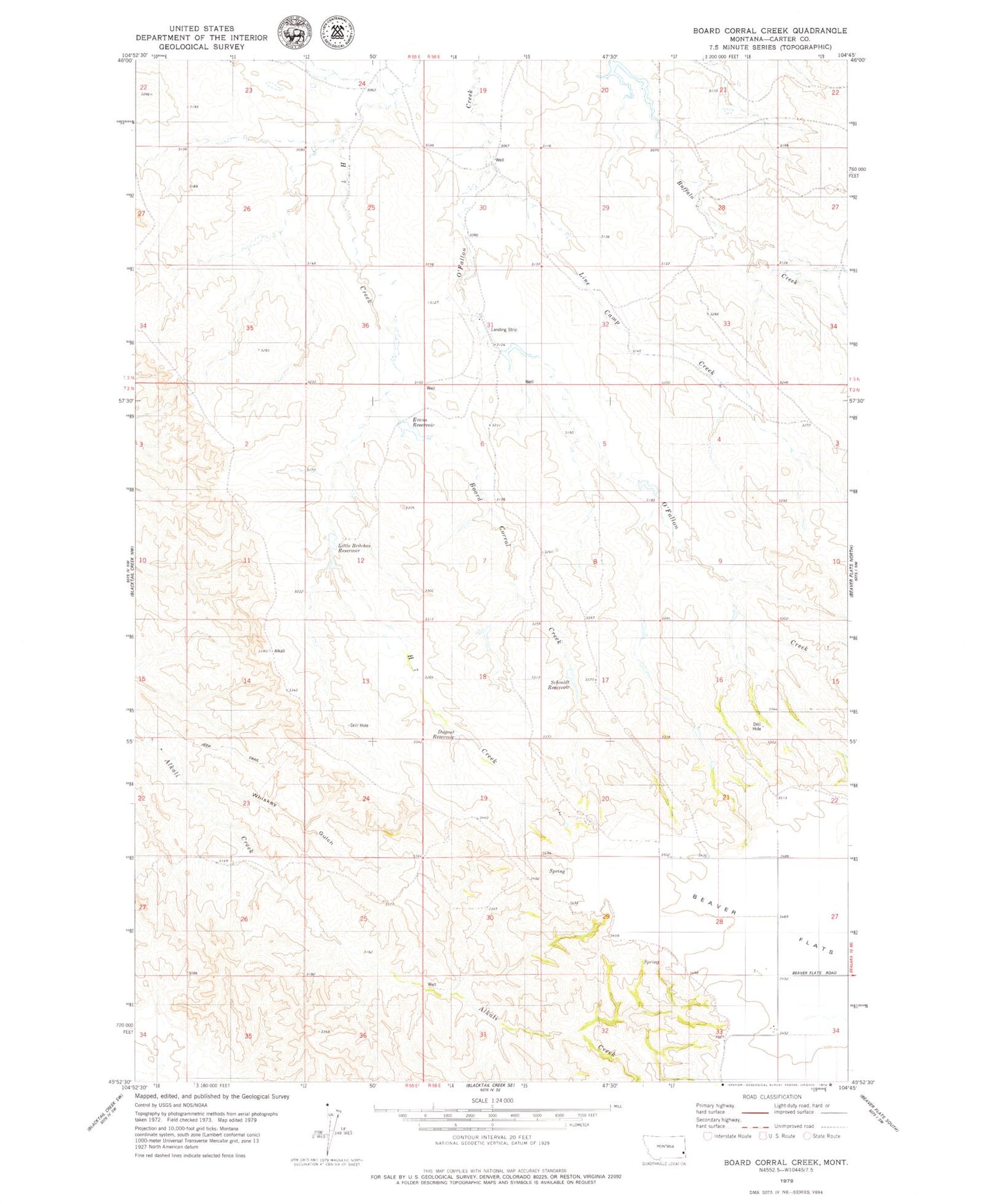 Classic USGS Board Corral Creek Montana 7.5'x7.5' Topo Map Image