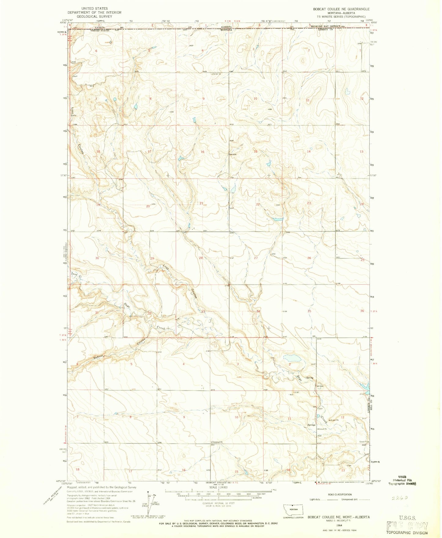Classic USGS Bobcat Coulee NE Montana 7.5'x7.5' Topo Map Image