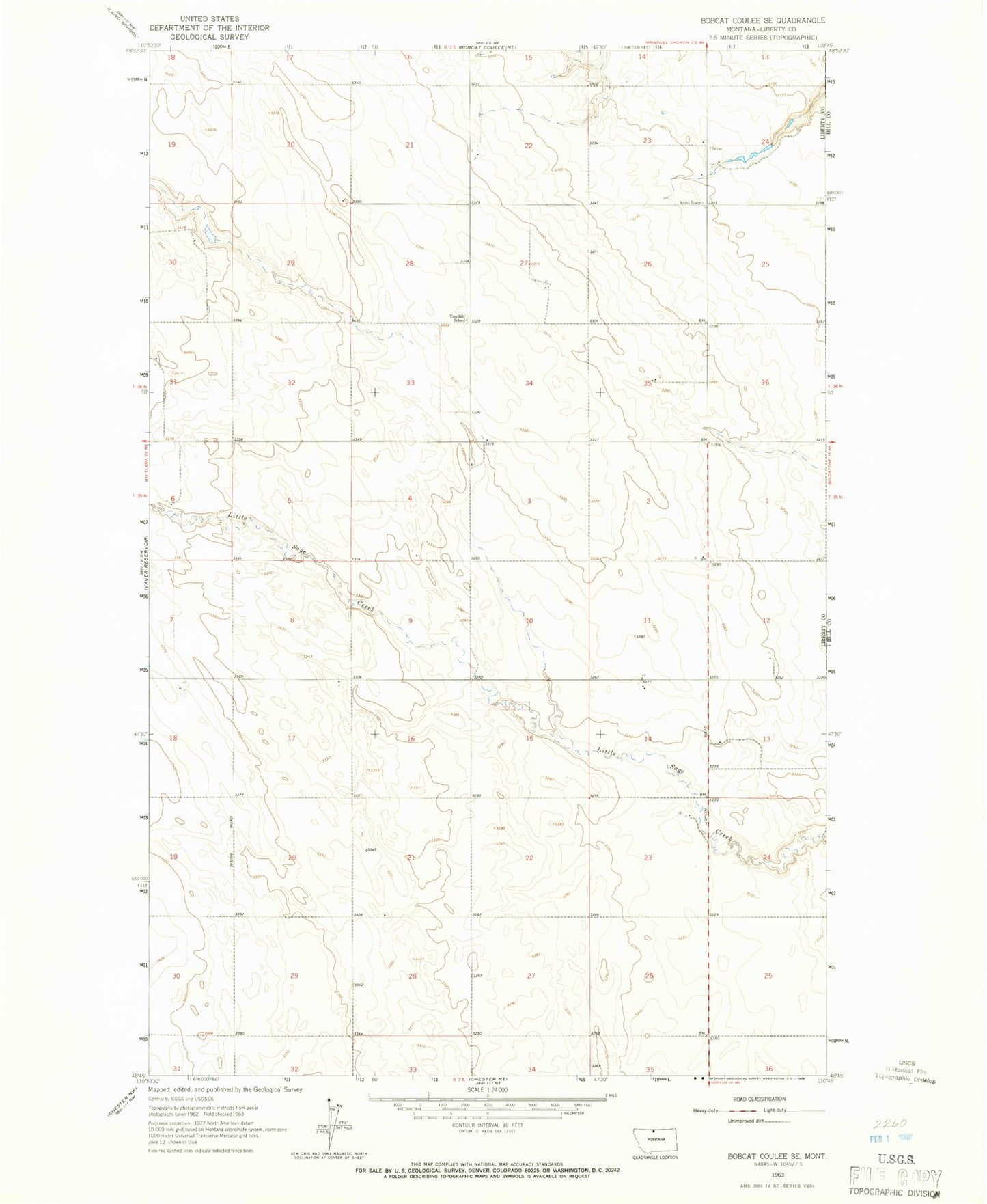 Classic USGS Bobcat Coulee SE Montana 7.5'x7.5' Topo Map Image
