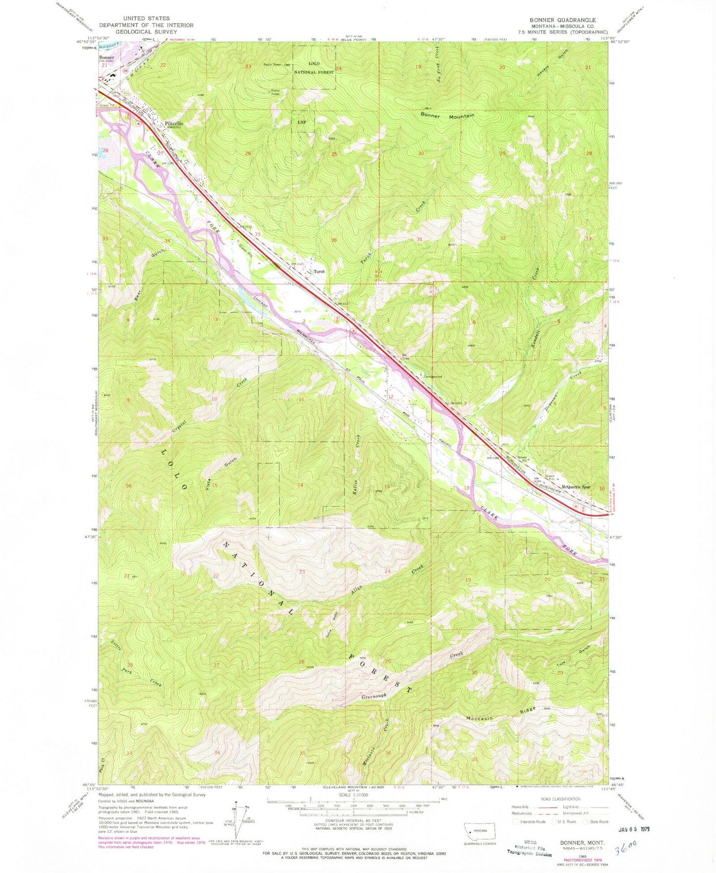 Classic USGS Bonner Montana 7.5'x7.5' Topo Map Image