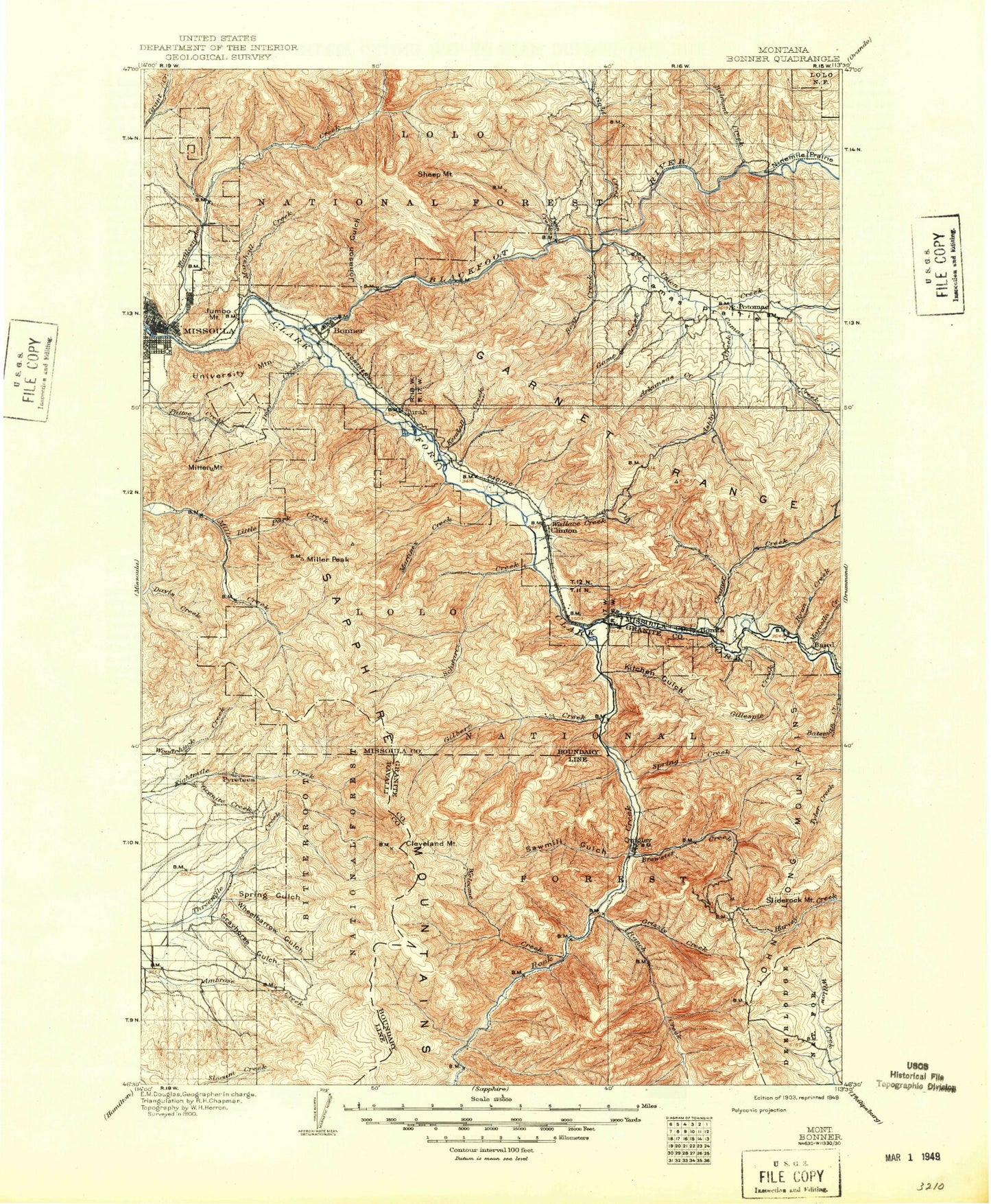 Historic 1903 Bonner Montana 30'x30' Topo Map Image