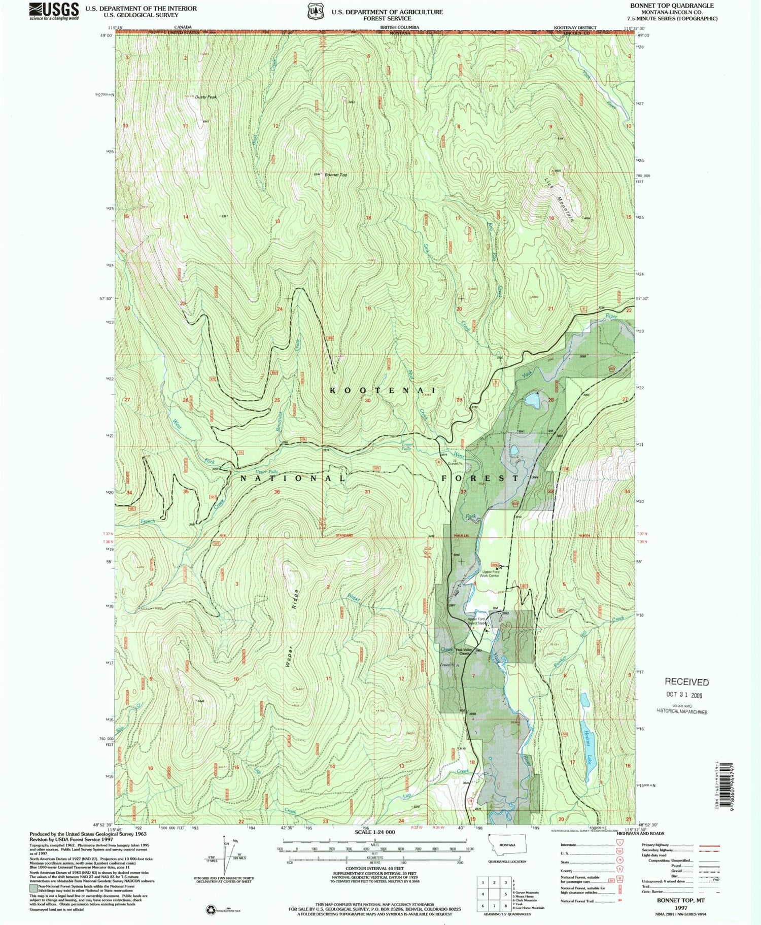 Classic USGS Bonnet Top Montana 7.5'x7.5' Topo Map Image