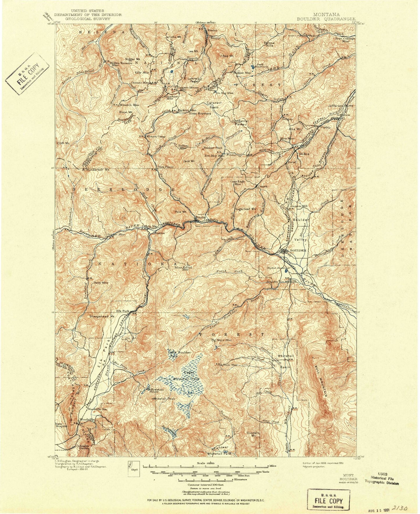 Historic 1899 Boulder Montana 30'x30' Topo Map Image
