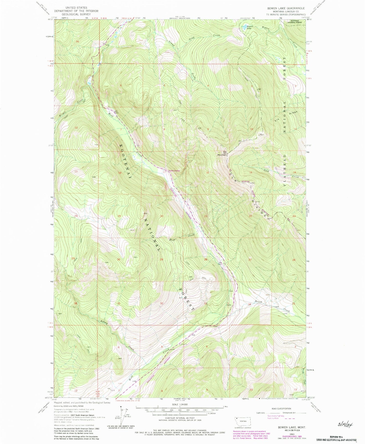 Classic USGS Bowen Lake Montana 7.5'x7.5' Topo Map Image