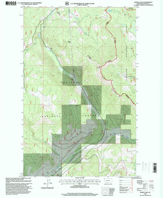 Classic USGS Bowen Lake Montana 7.5'x7.5' Topo Map Image