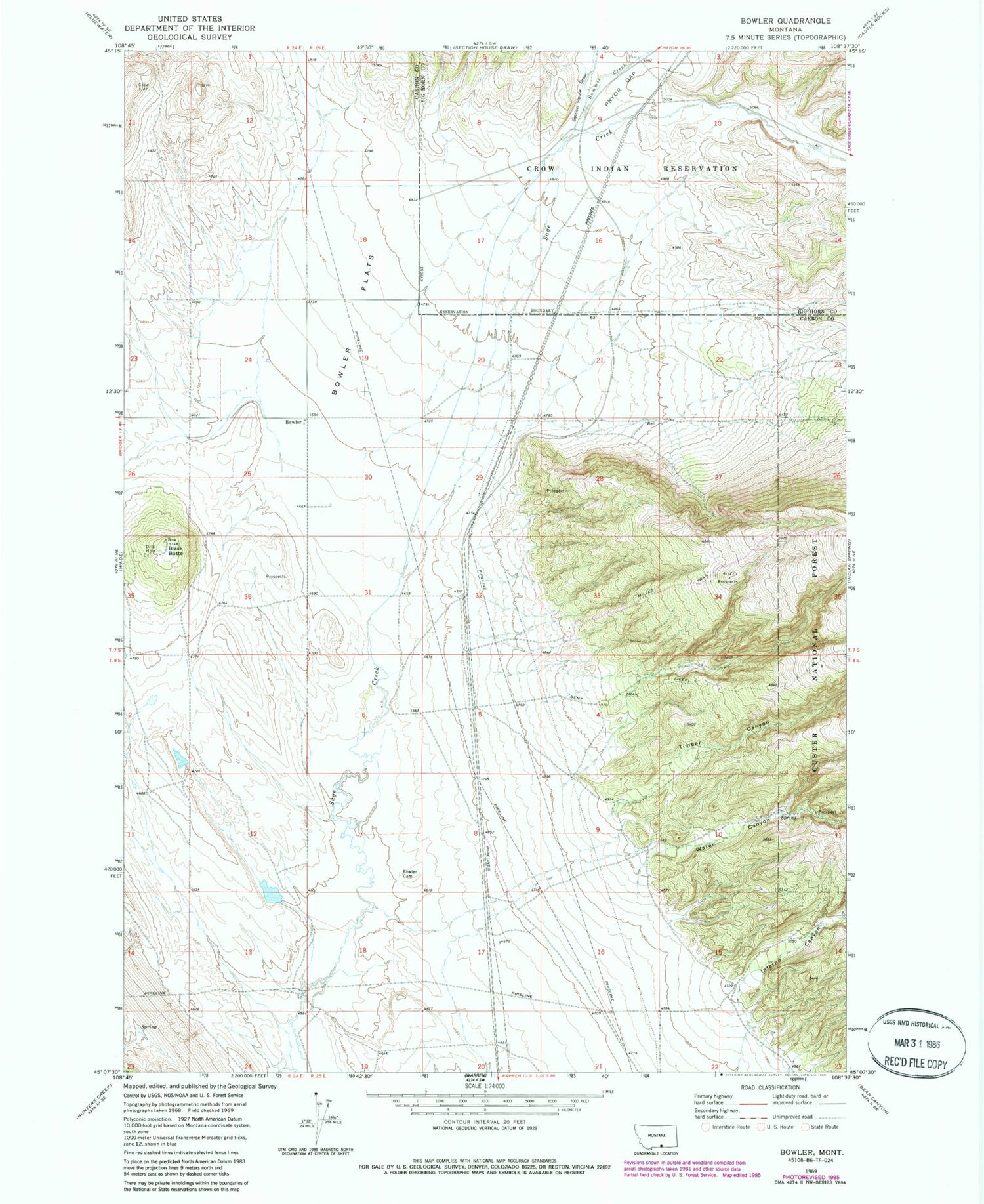 Classic USGS Bowler Montana 7.5'x7.5' Topo Map Image