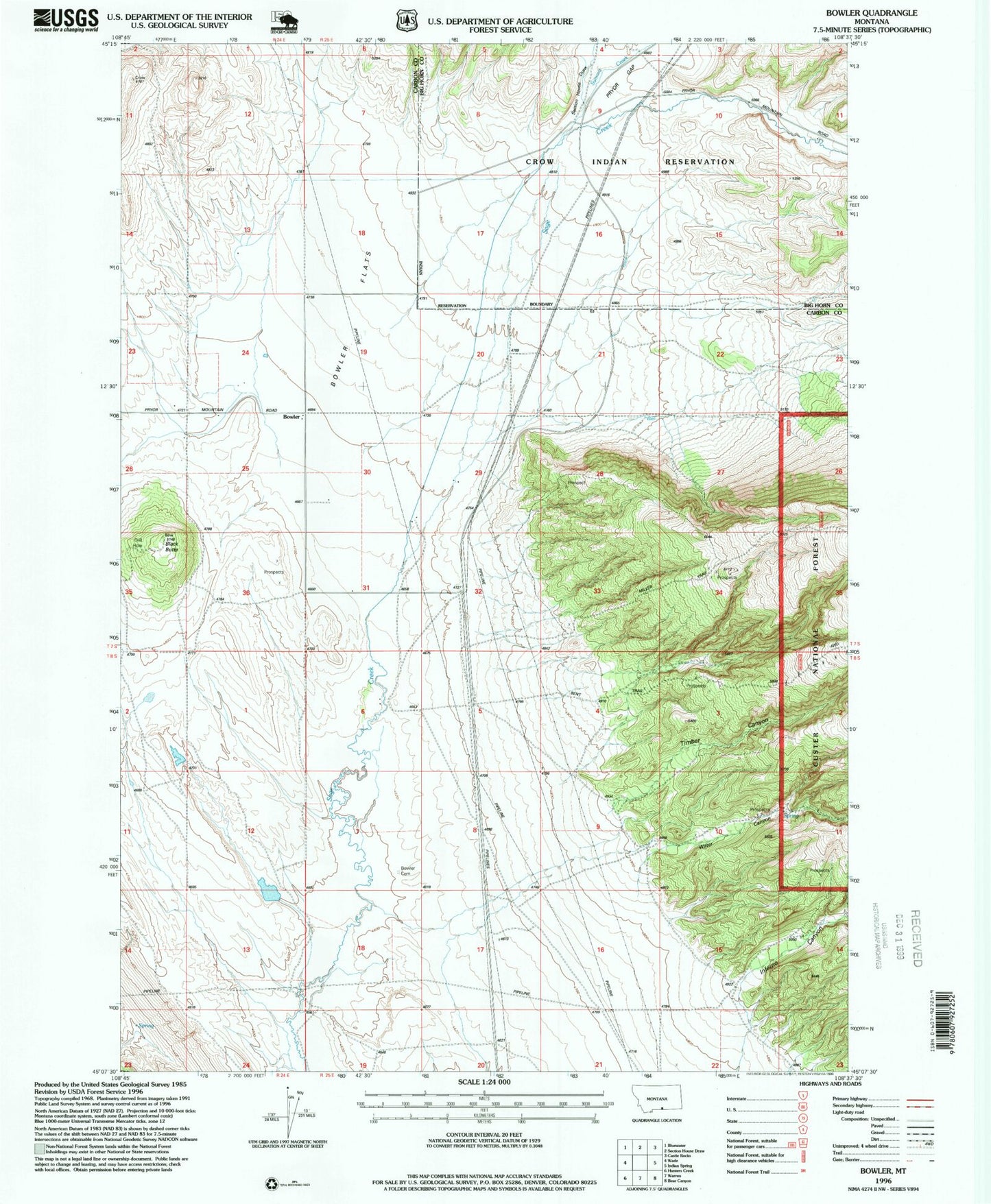 Classic USGS Bowler Montana 7.5'x7.5' Topo Map Image