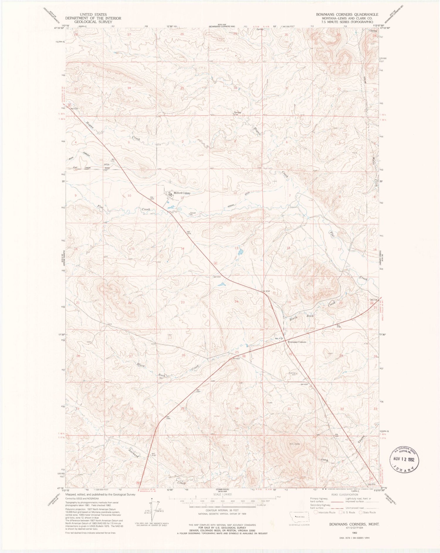 Classic USGS Bowmans Corners Montana 7.5'x7.5' Topo Map Image