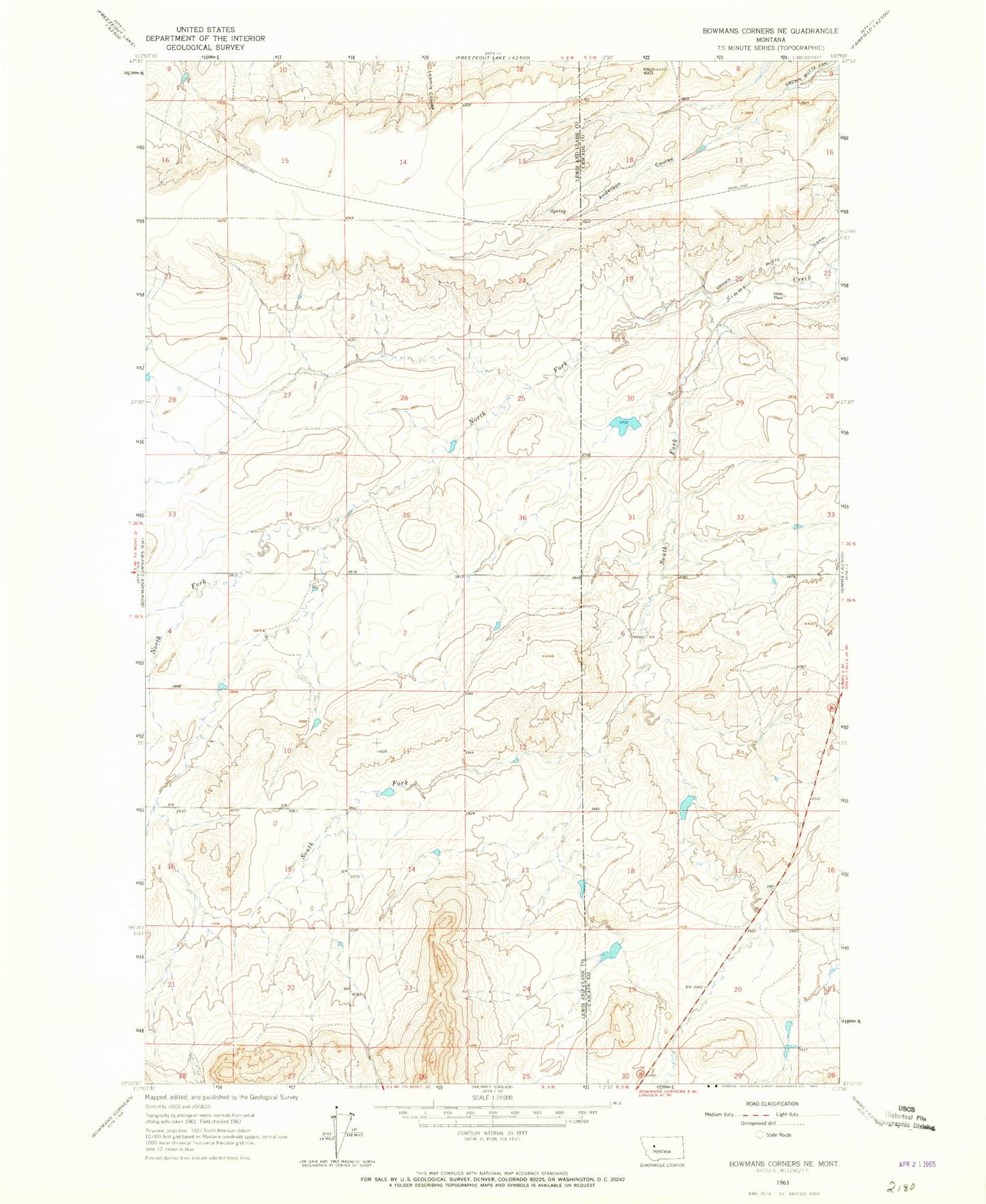 Classic USGS Bowmans Corners NE Montana 7.5'x7.5' Topo Map Image