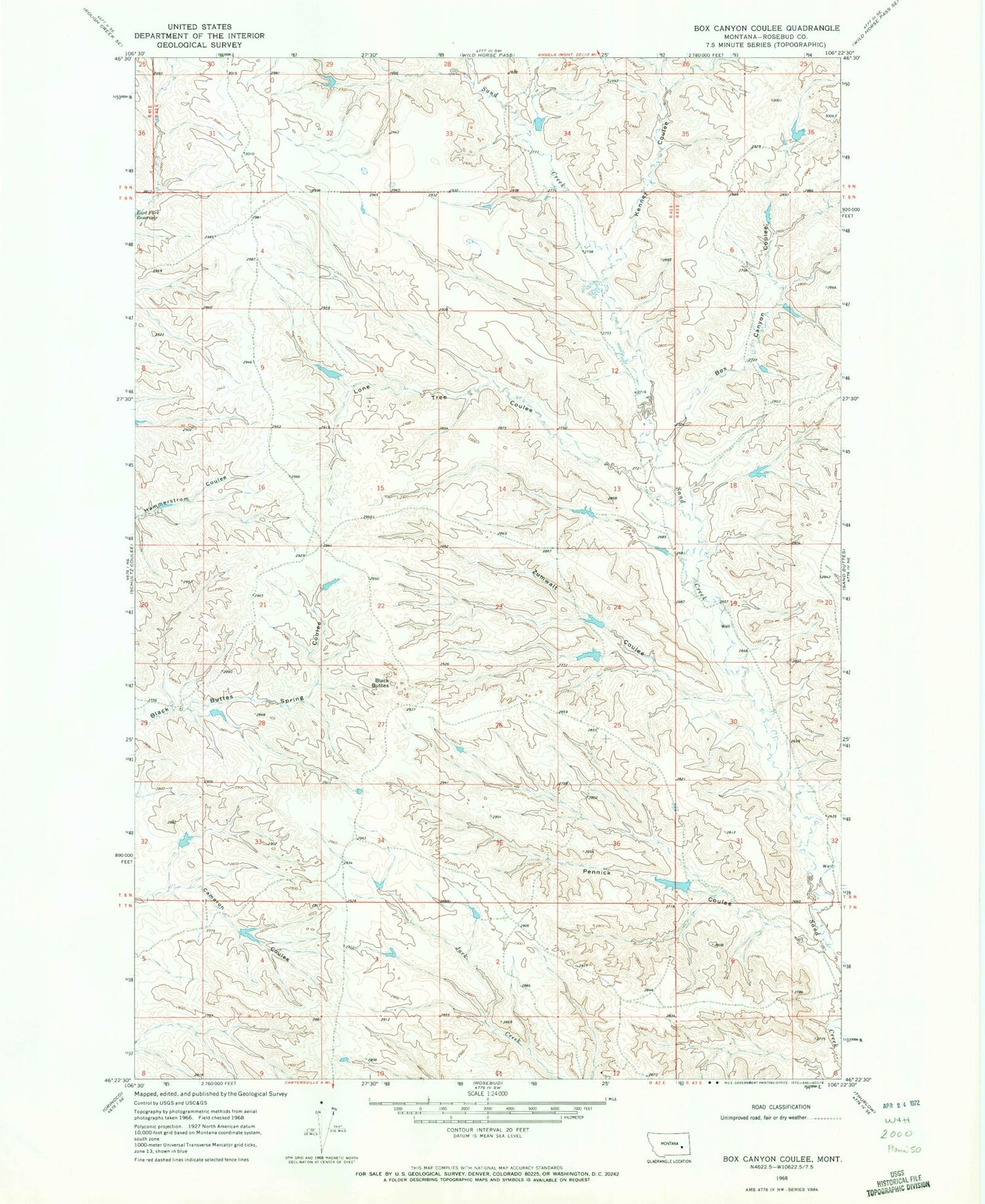 Classic USGS Box Canyon Coulee Montana 7.5'x7.5' Topo Map Image