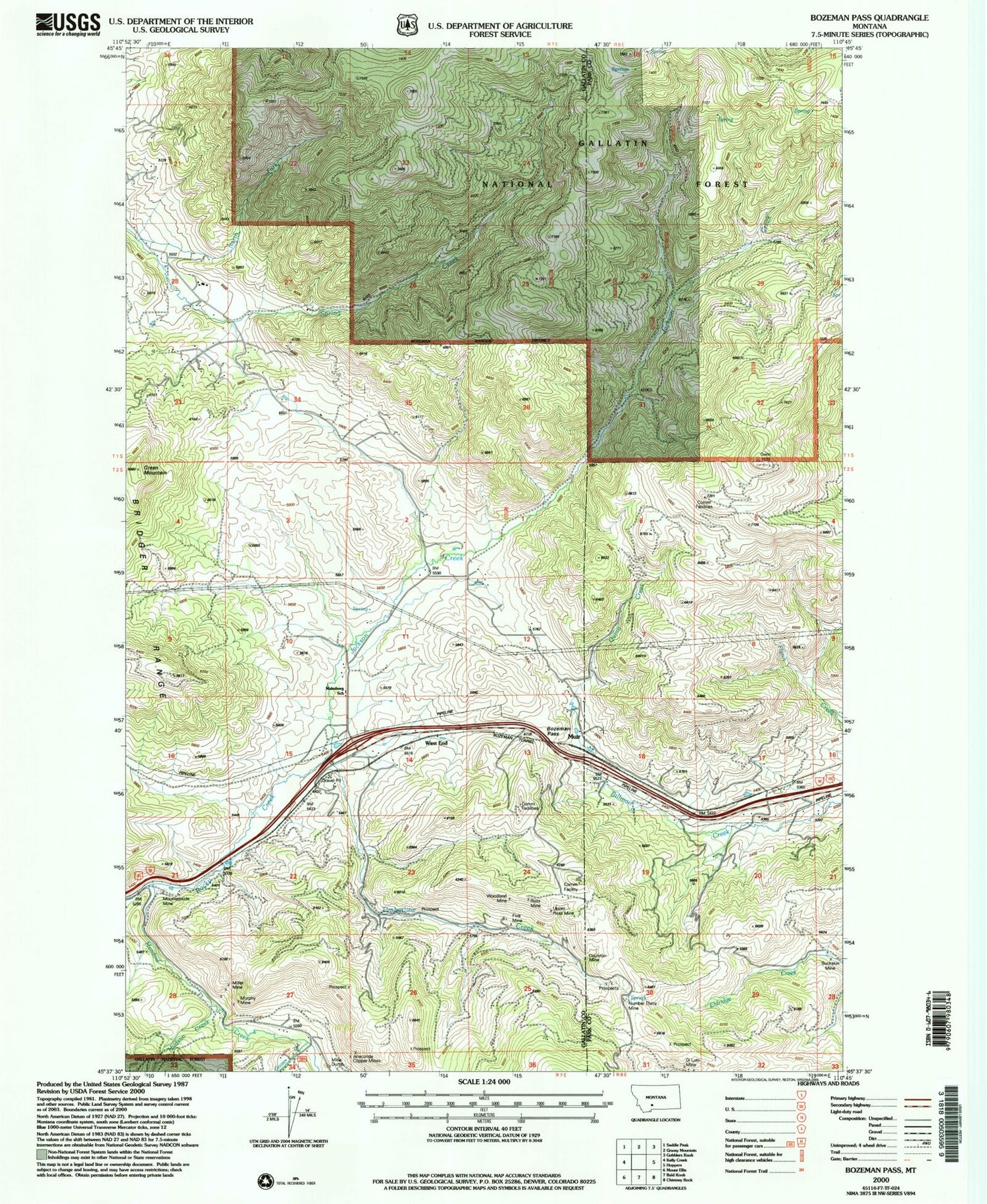 Classic USGS Bozeman Pass Montana 7.5'x7.5' Topo Map Image