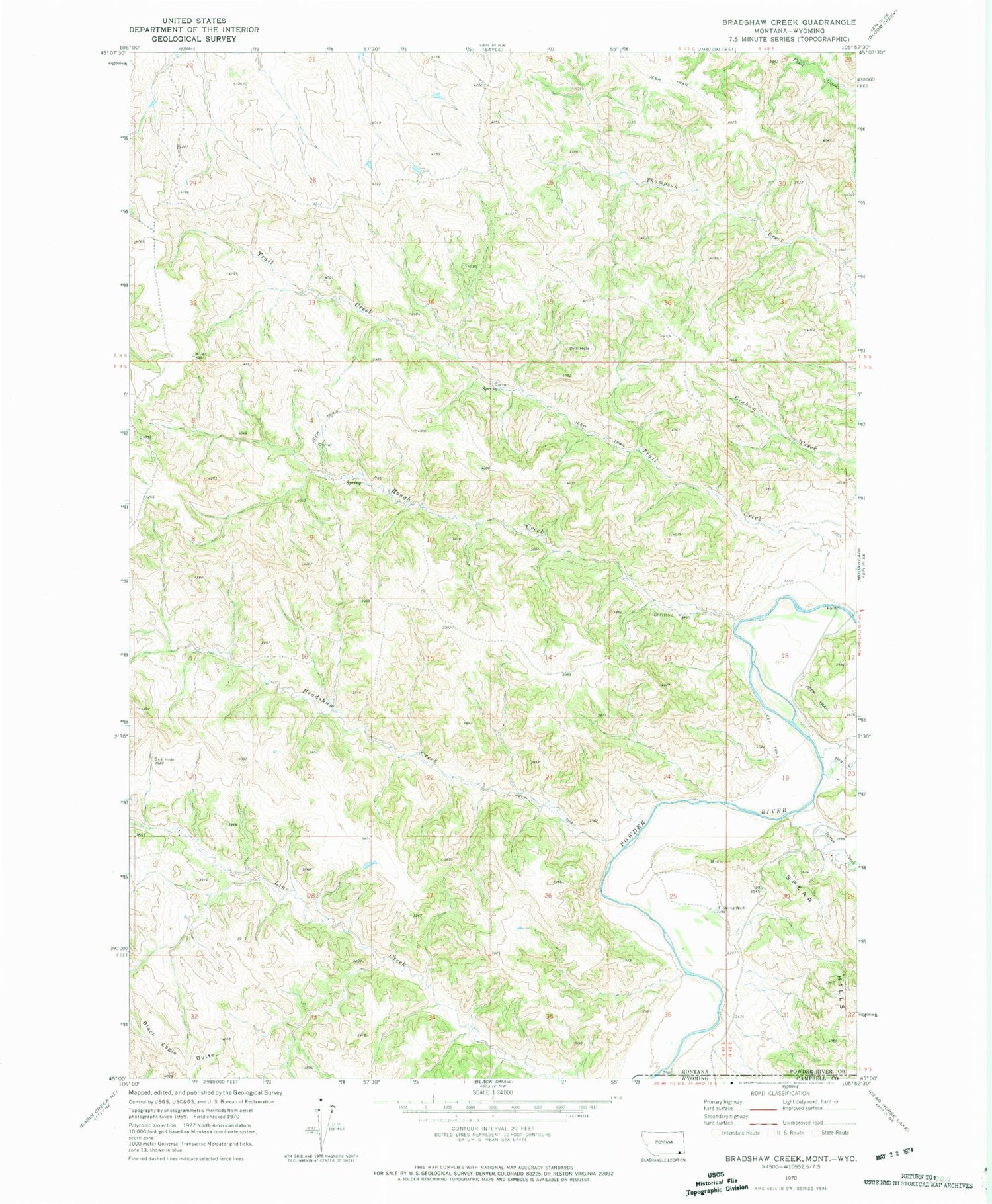 Classic USGS Bradshaw Creek Montana 7.5'x7.5' Topo Map Image