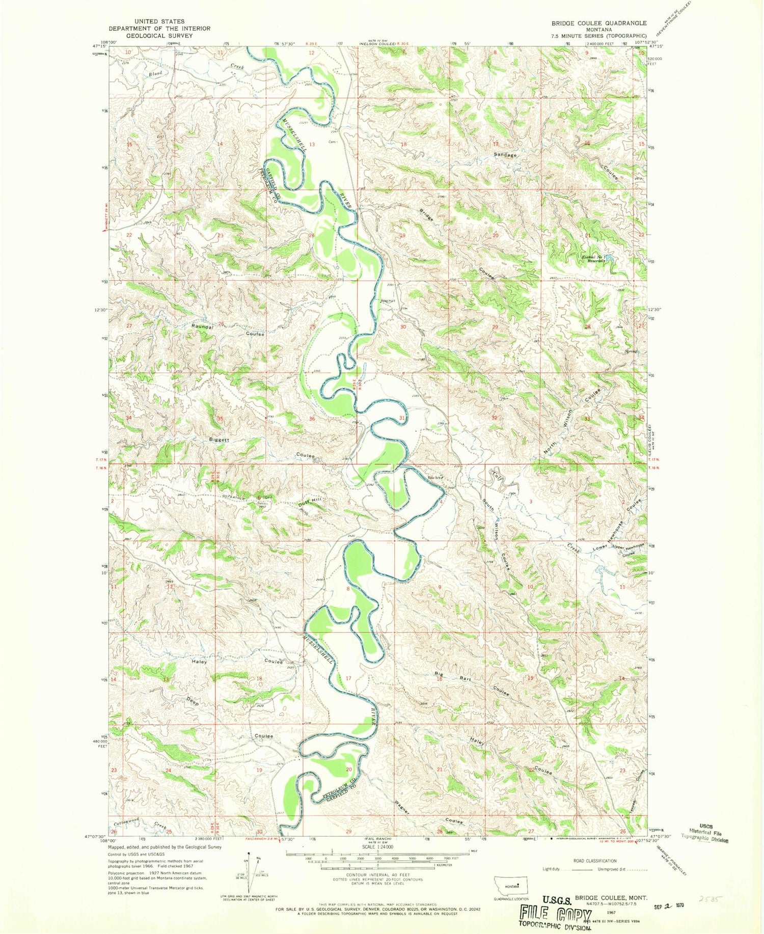 Classic USGS Bridge Coulee Montana 7.5'x7.5' Topo Map Image