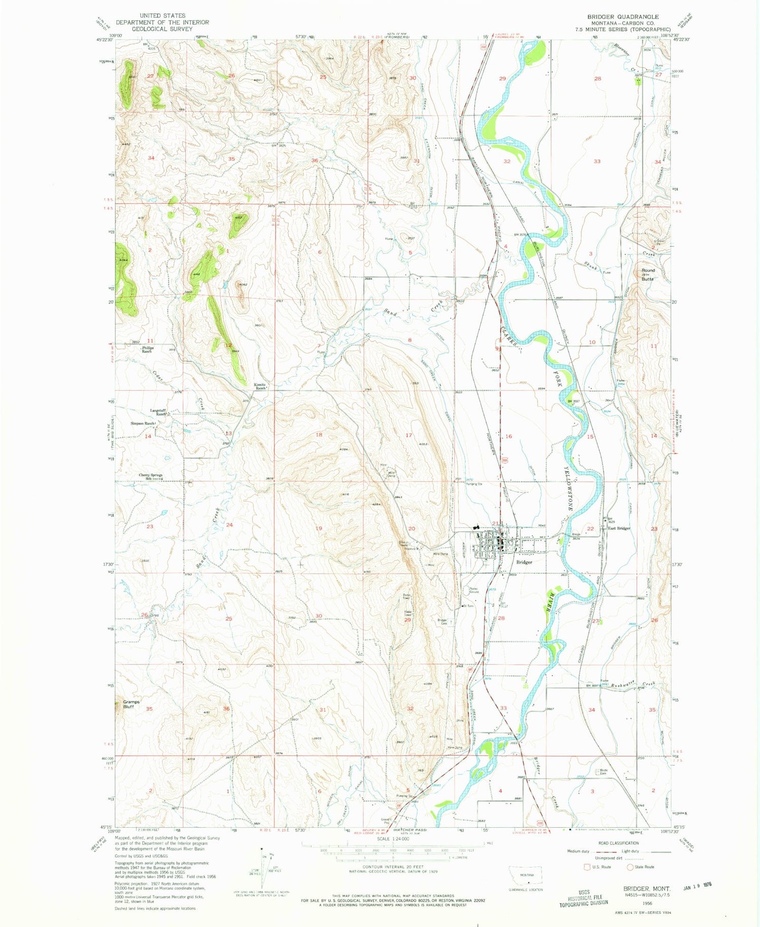 Classic USGS Bridger Montana 7.5'x7.5' Topo Map Image