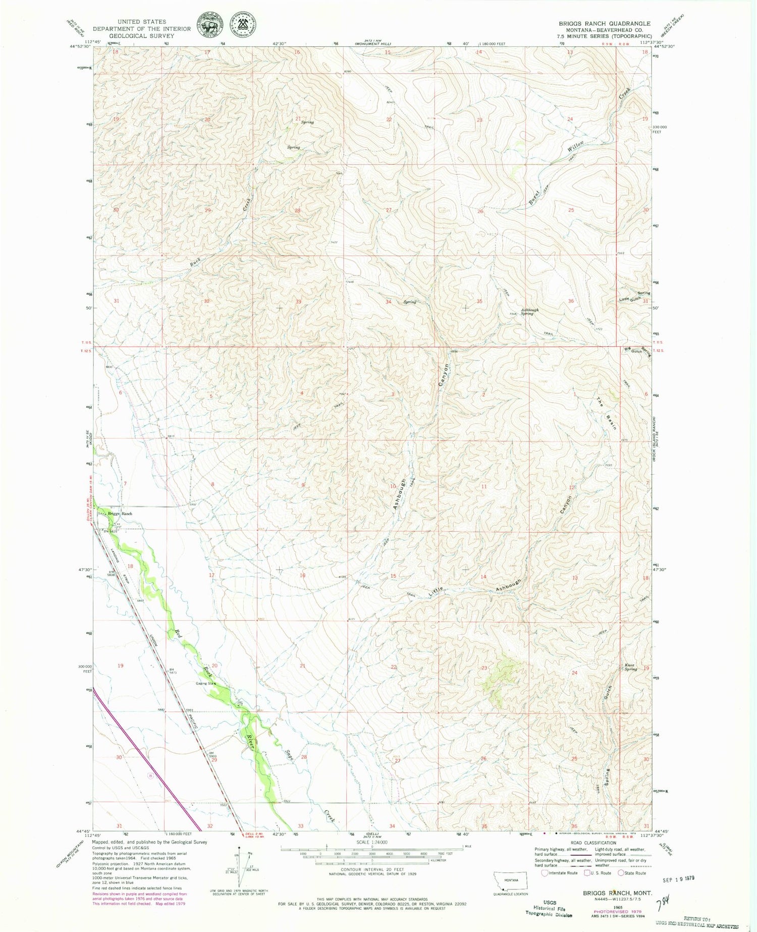 Classic USGS Briggs Ranch Montana 7.5'x7.5' Topo Map Image