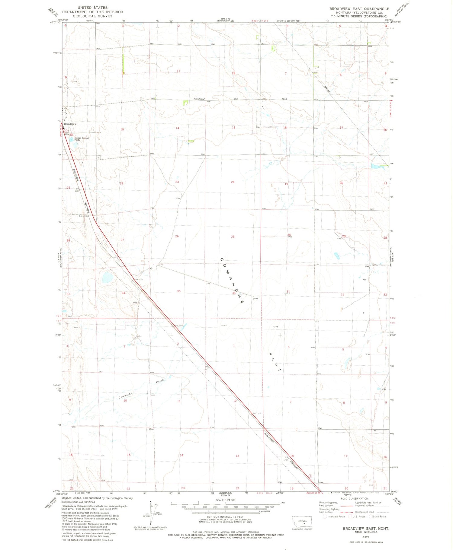 Classic USGS Broadview East Montana 7.5'x7.5' Topo Map Image