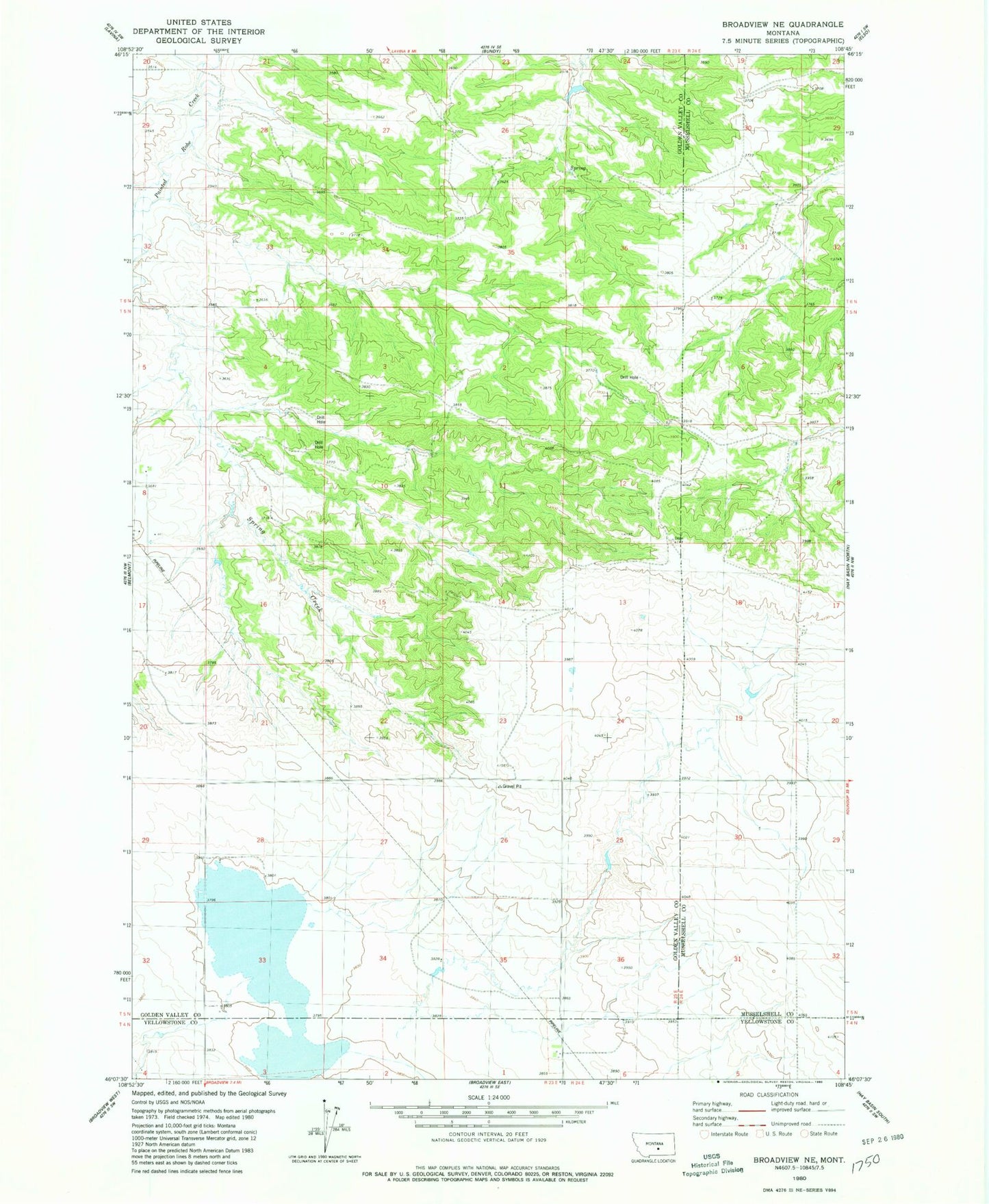 Classic USGS Broadview NE Montana 7.5'x7.5' Topo Map Image