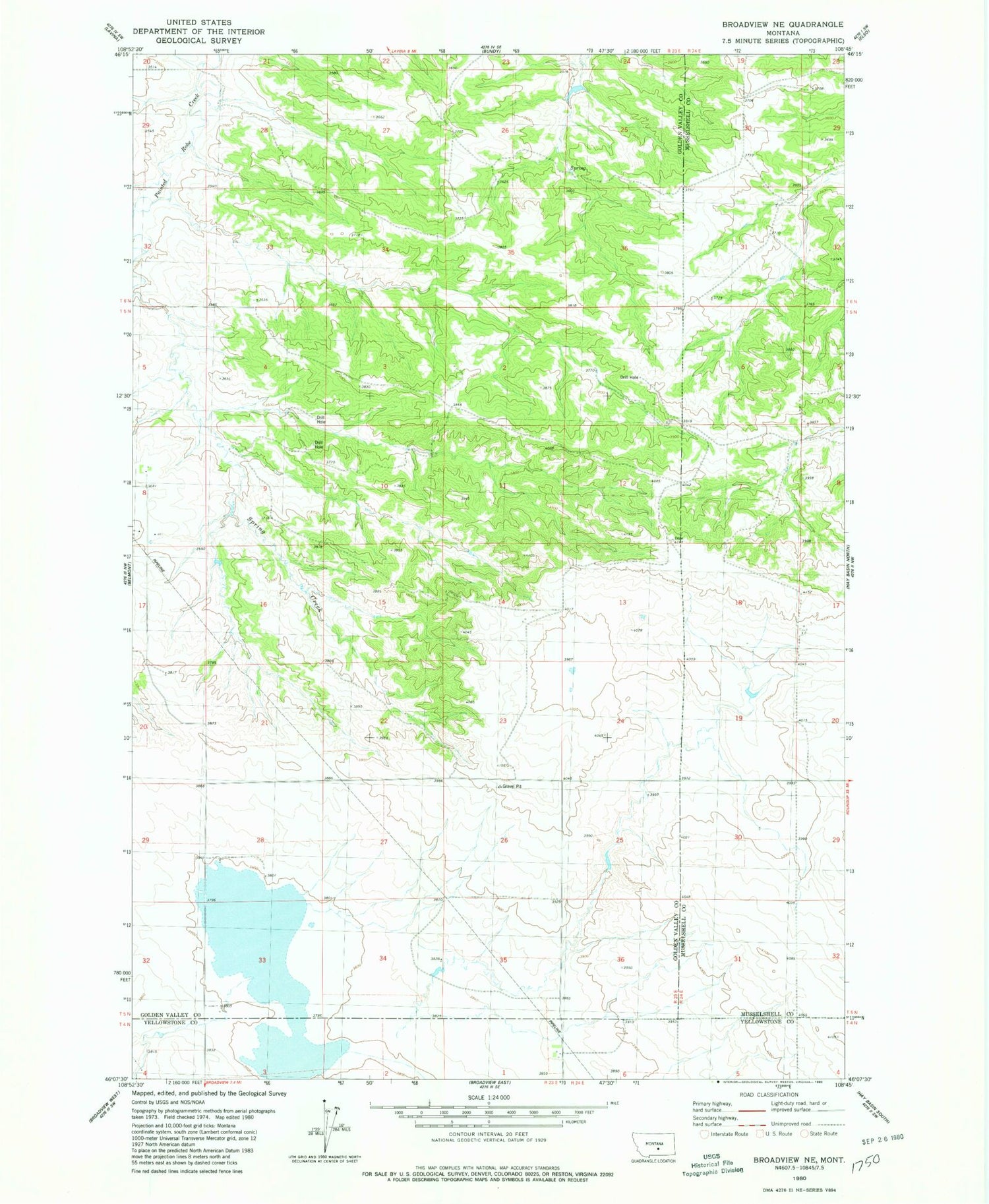 Classic USGS Broadview NE Montana 7.5'x7.5' Topo Map Image