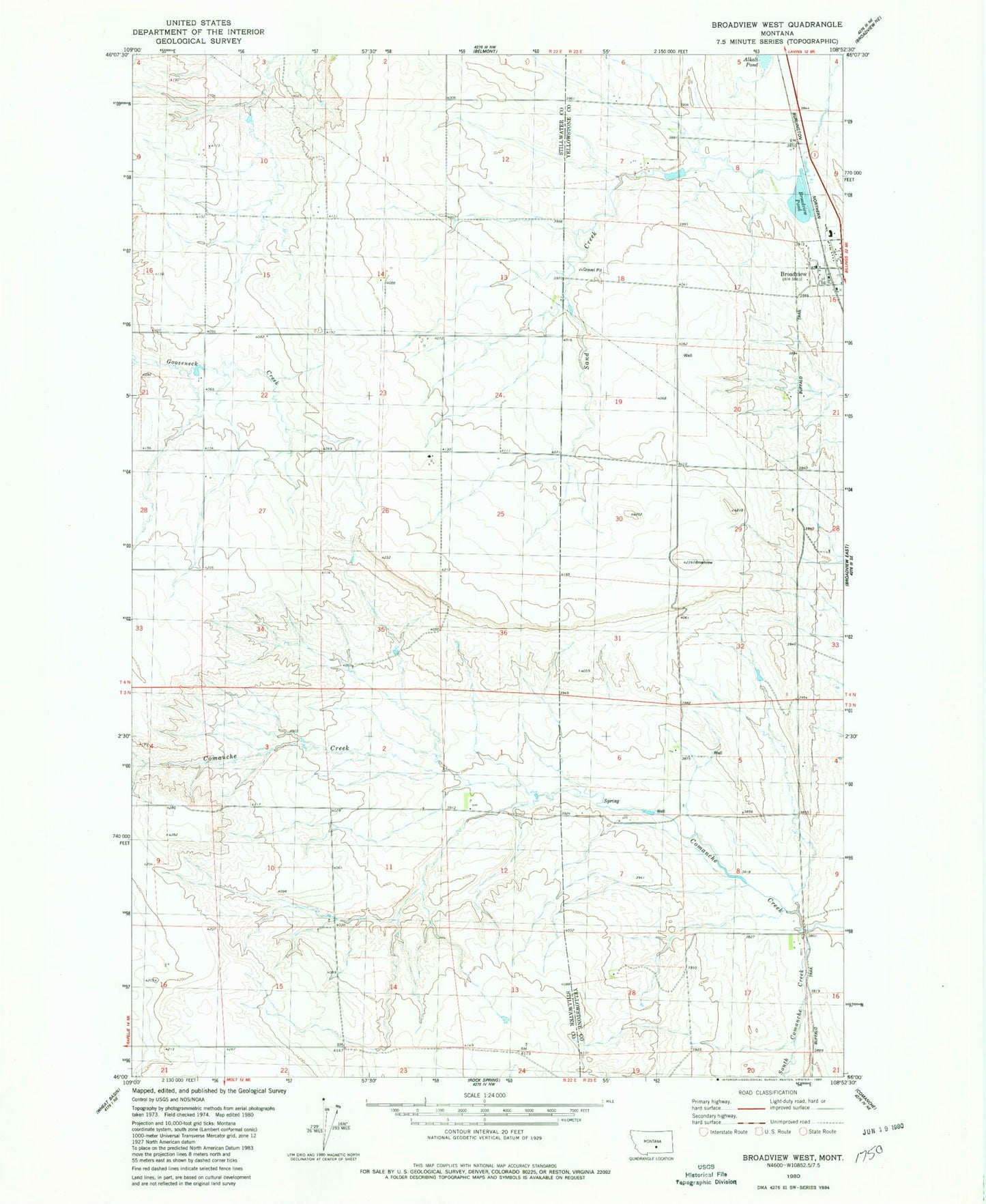 Classic USGS Broadview West Montana 7.5'x7.5' Topo Map Image