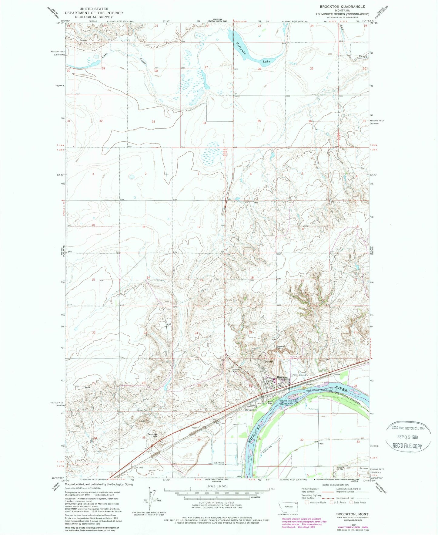 Classic USGS Brockton Montana 7.5'x7.5' Topo Map Image