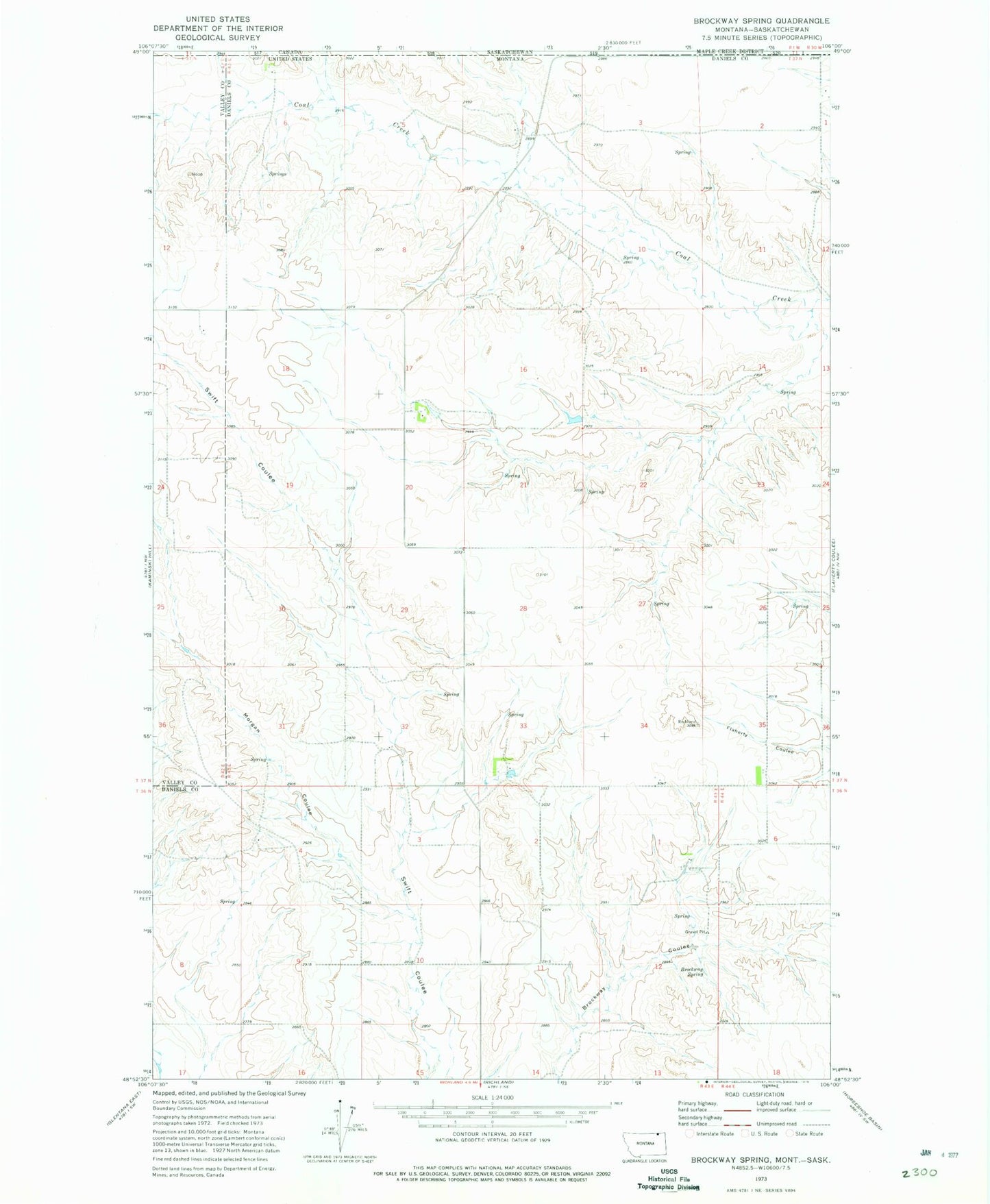 Classic USGS Brockway Spring Montana 7.5'x7.5' Topo Map Image