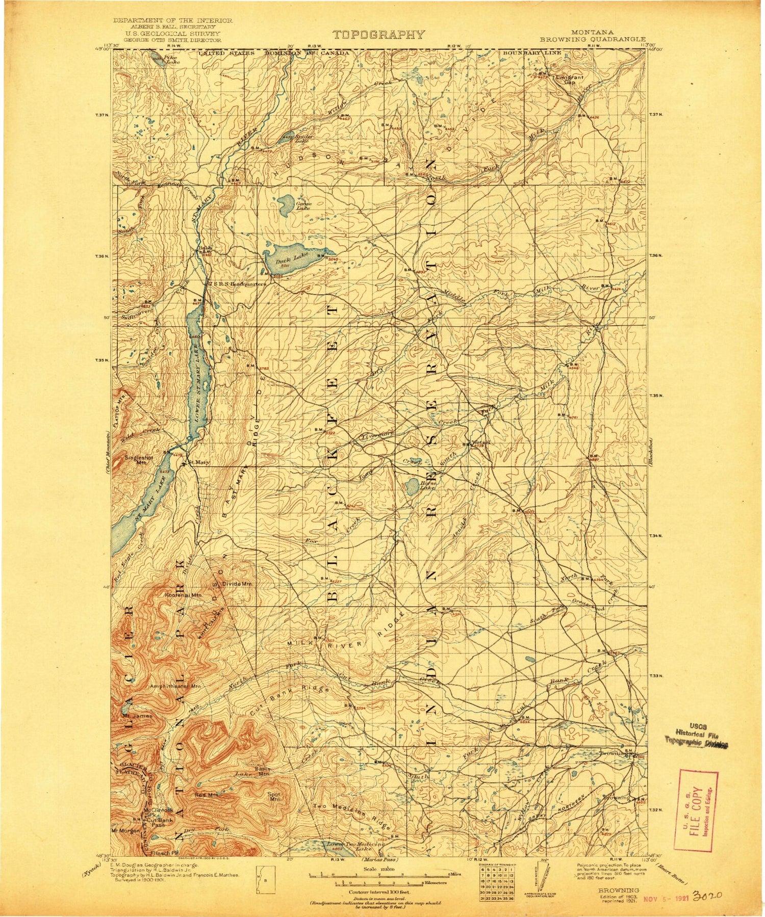 Historic 1903 Browning Montana 30'x30' Topo Map Image