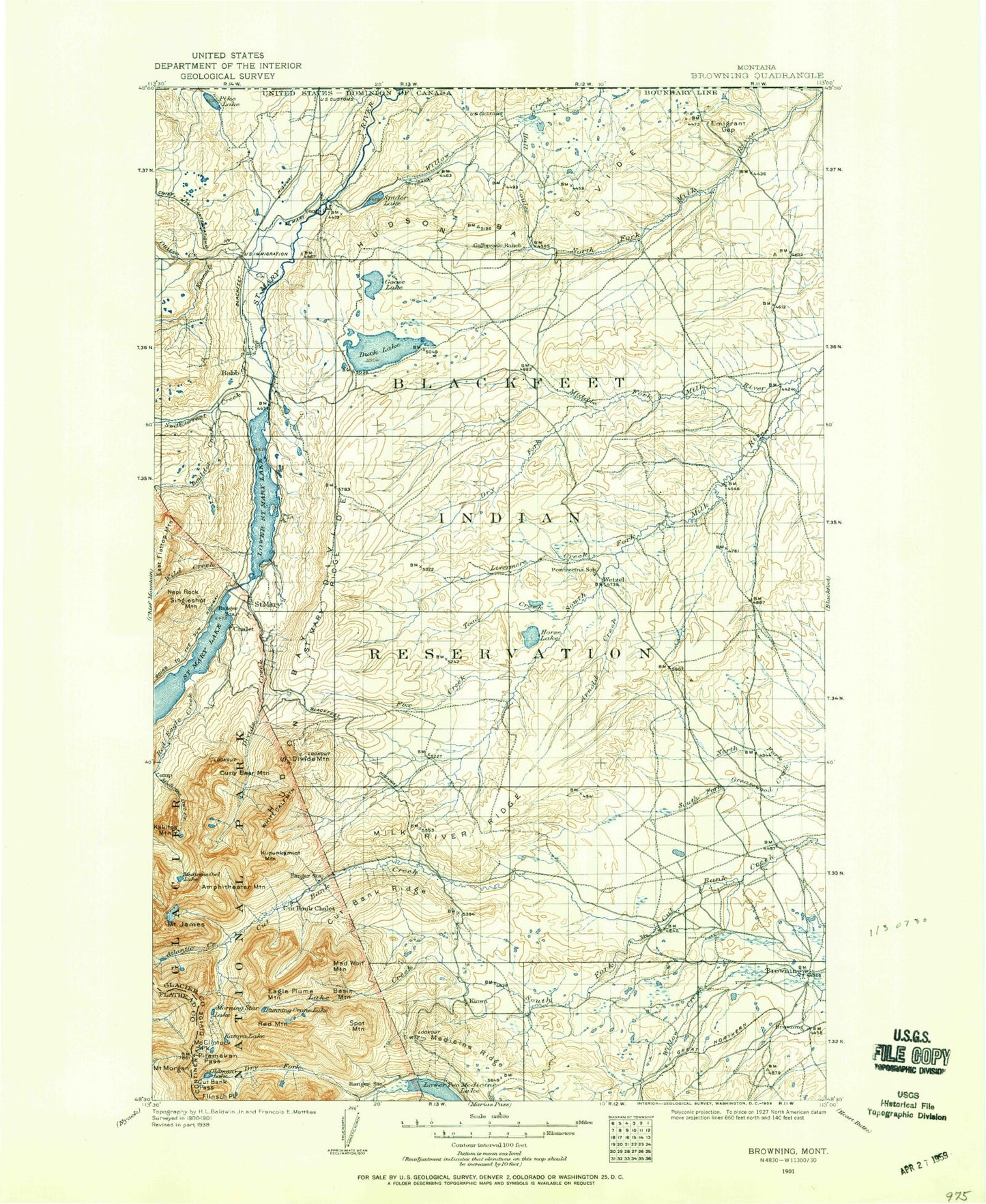 Historic 1901 Browning Montana 30'x30' Topo Map Image